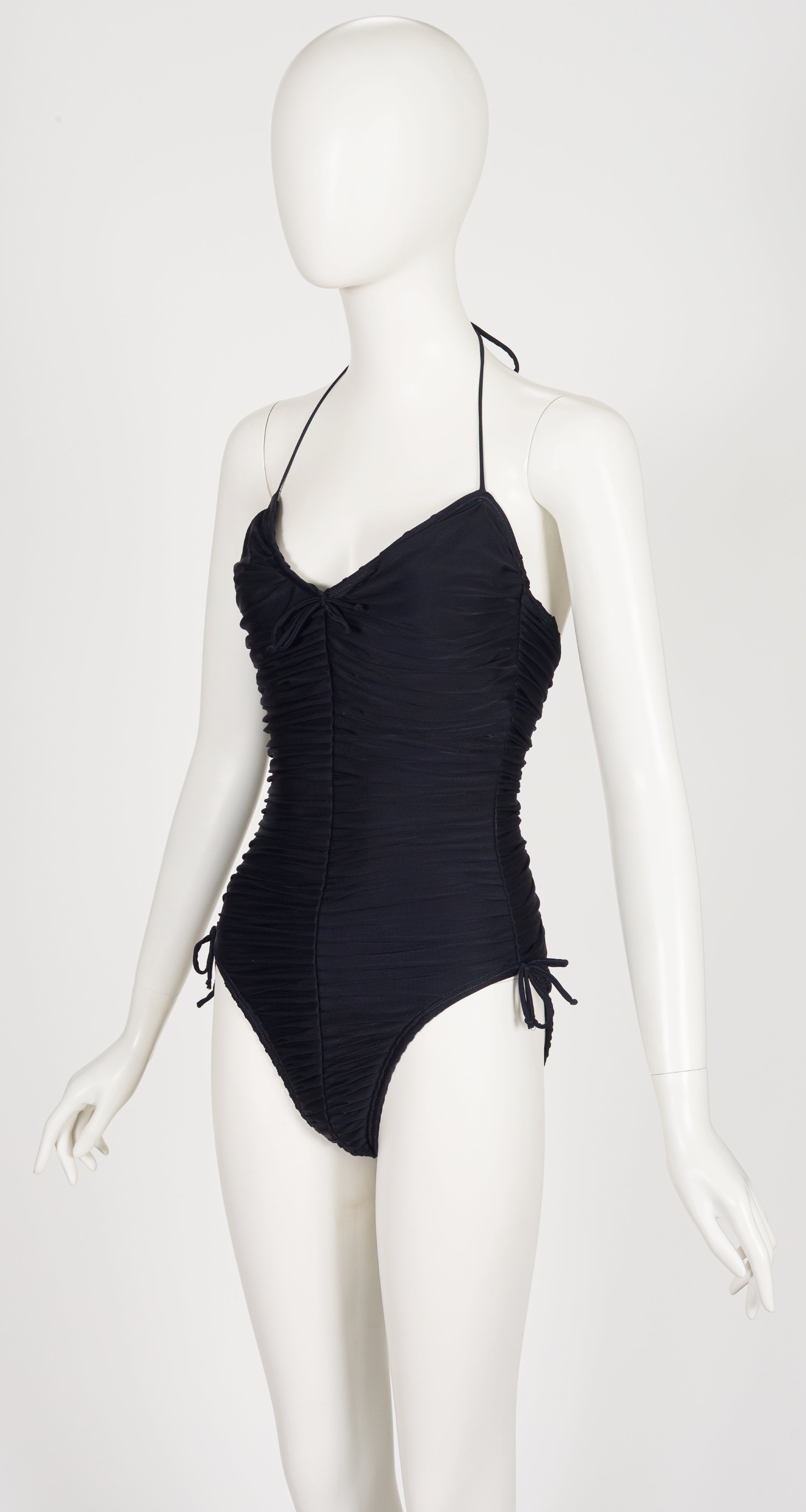 1983 Black Ruched Halter One-Piece Swimsuit