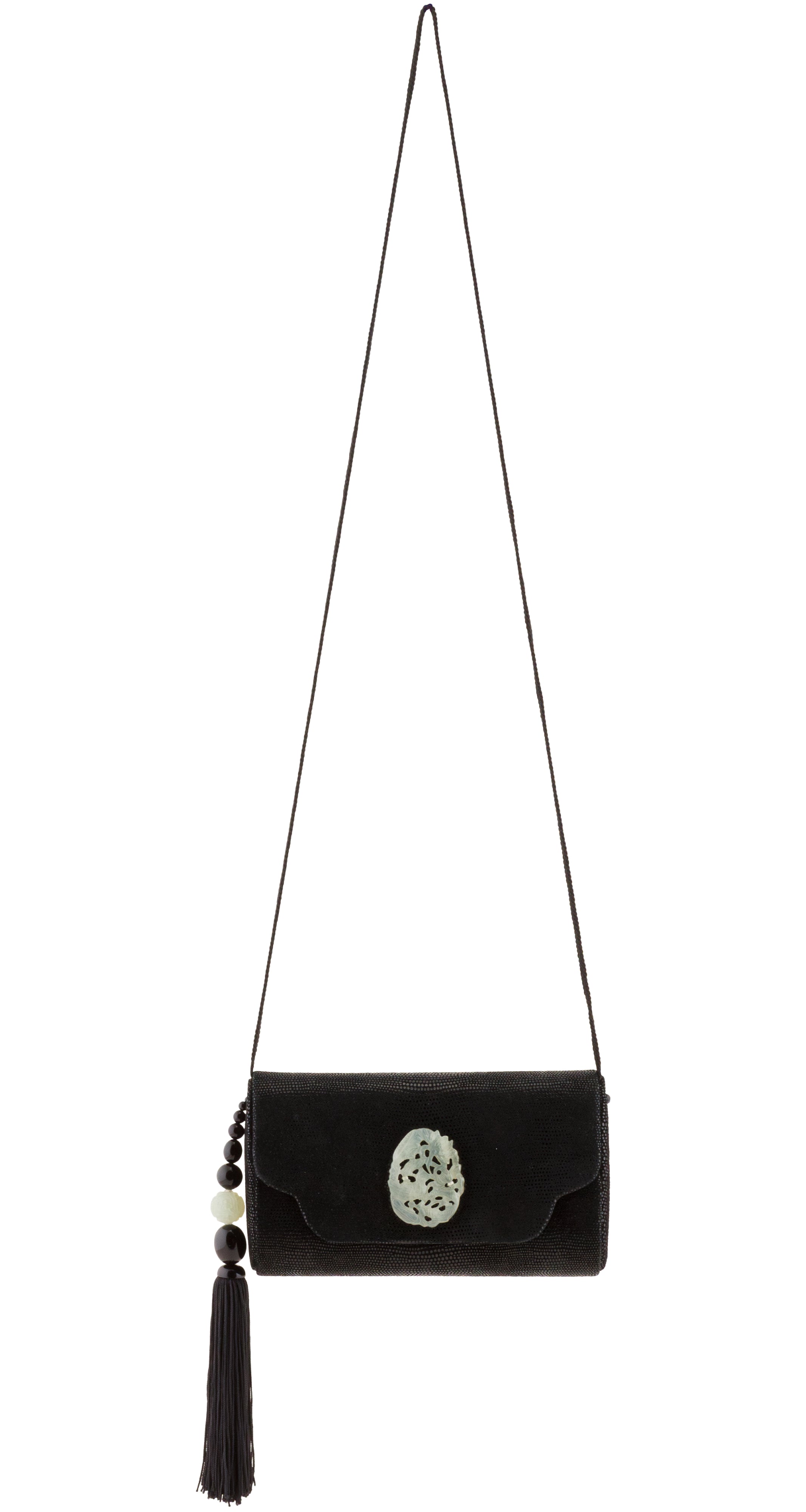 1980s Faux Jade Black Suede Tassel Evening Bag