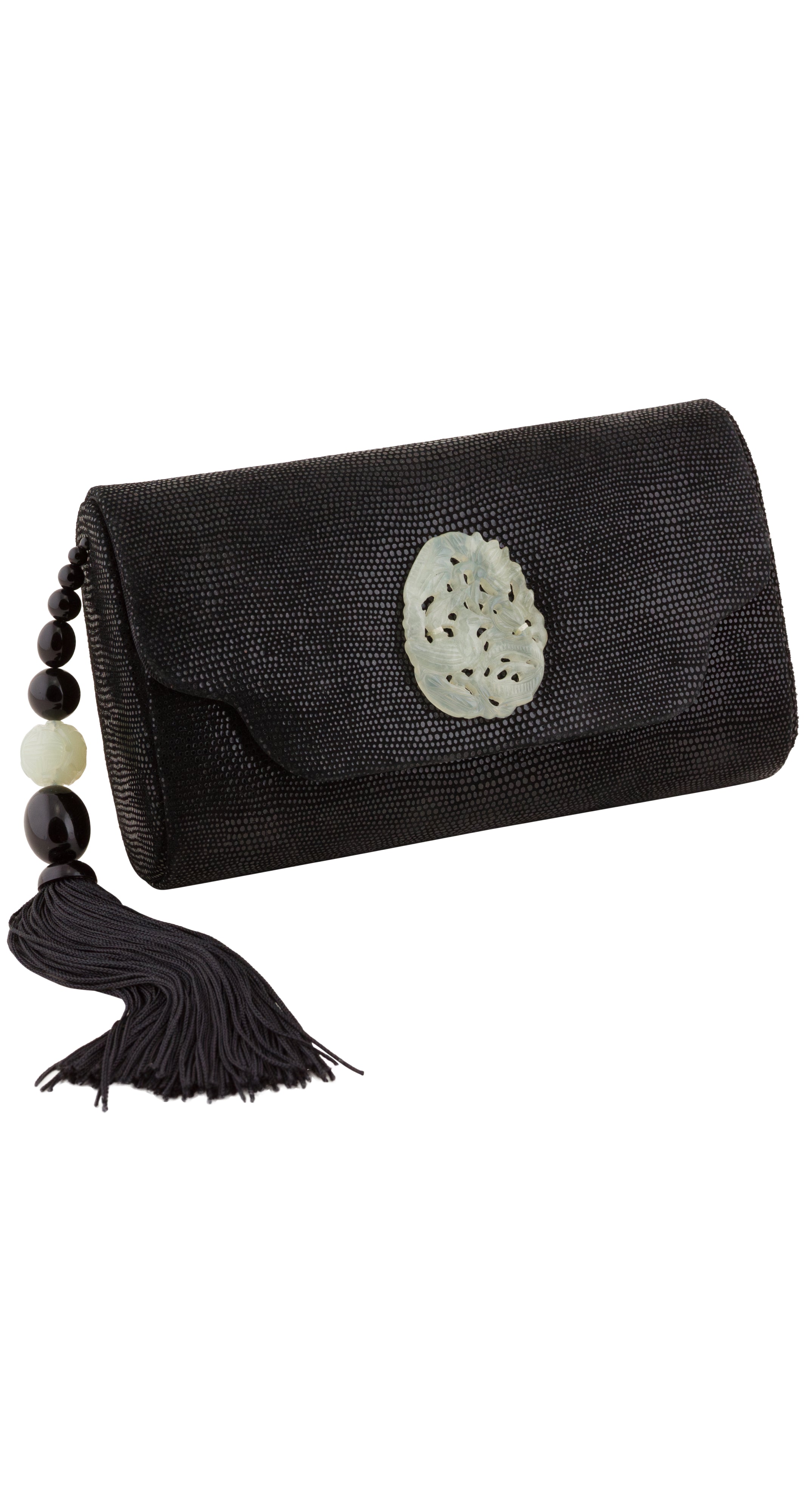 1980s Faux Jade Black Suede Tassel Evening Bag