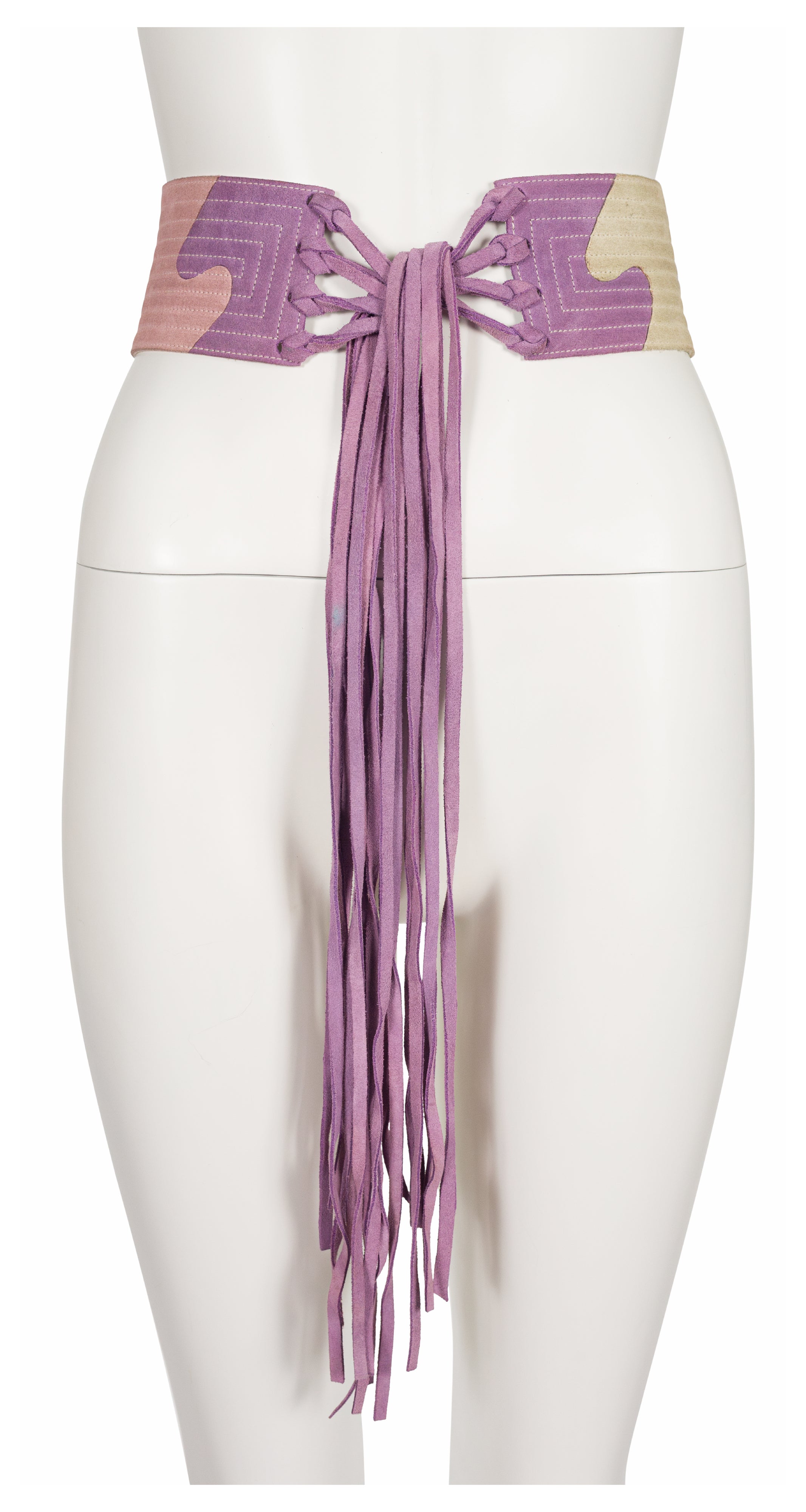 1970s Pastel Suede Puzzle Piece Fringe Tie Belt