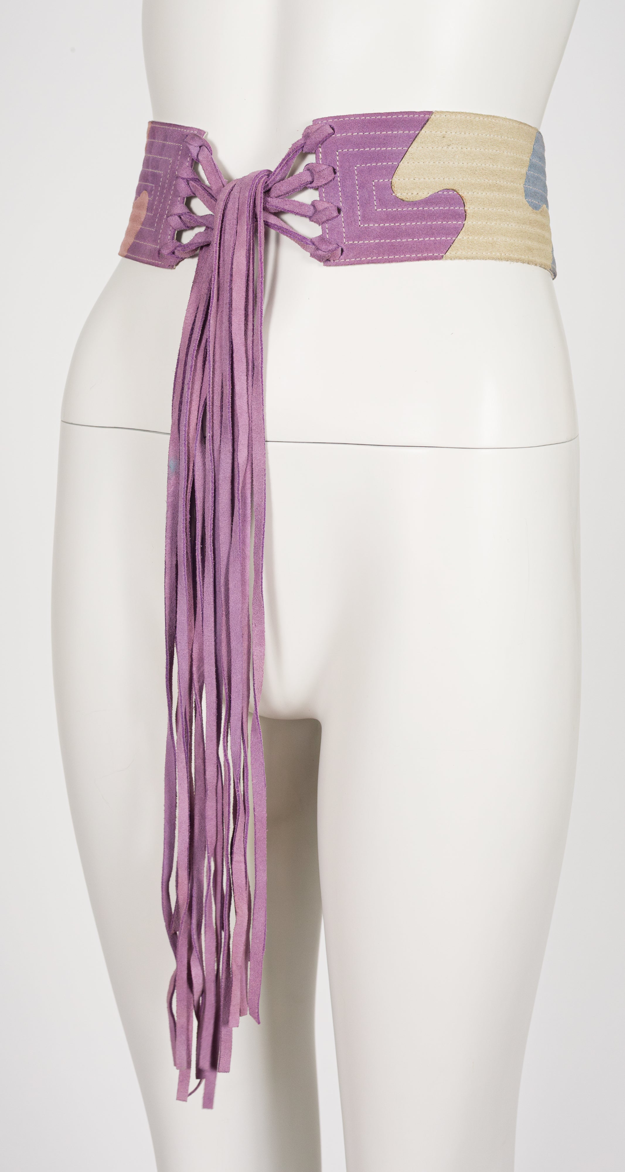 1970s Pastel Suede Puzzle Piece Fringe Tie Belt
