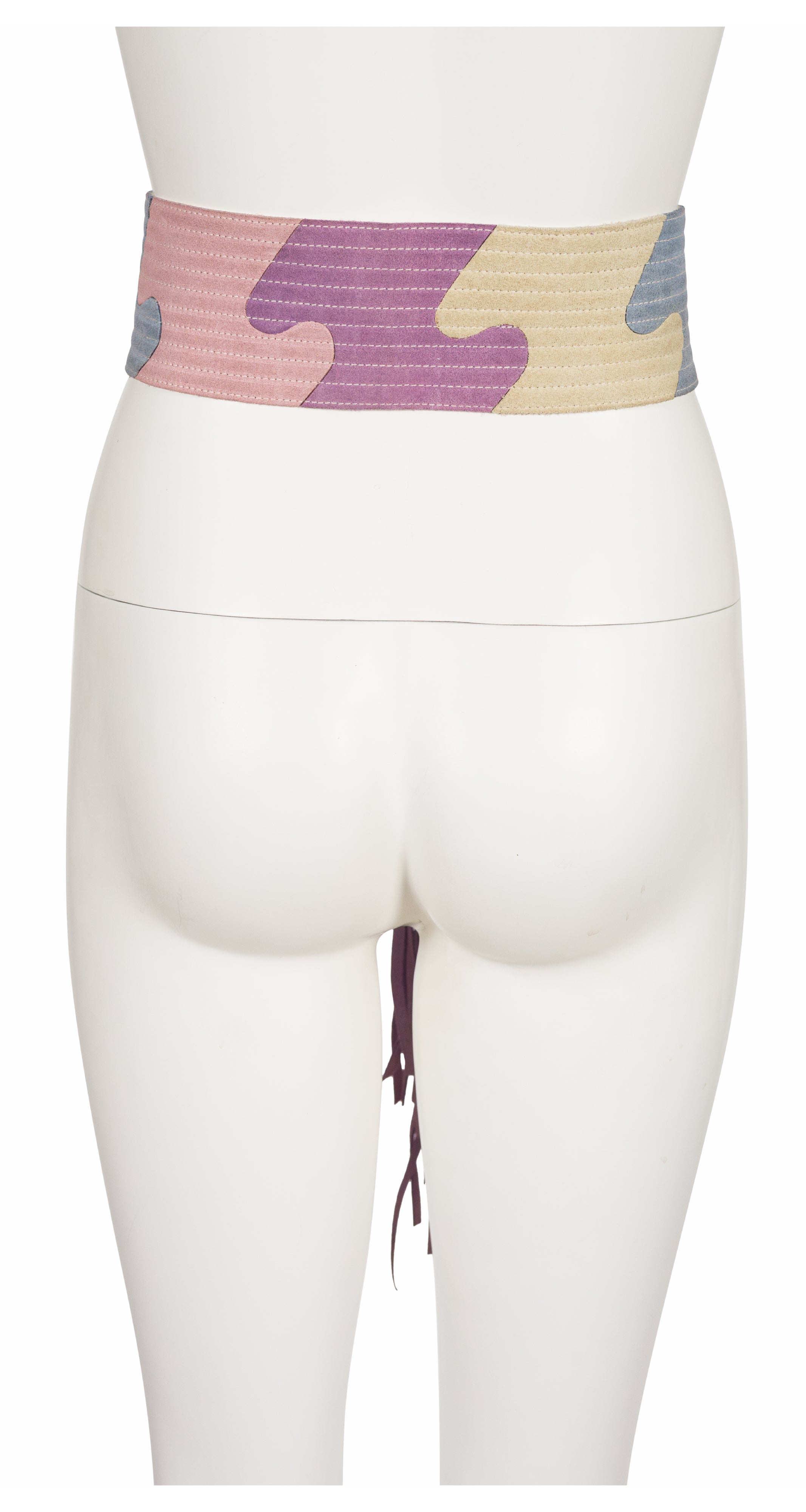 1970s Pastel Suede Puzzle Piece Fringe Tie Belt