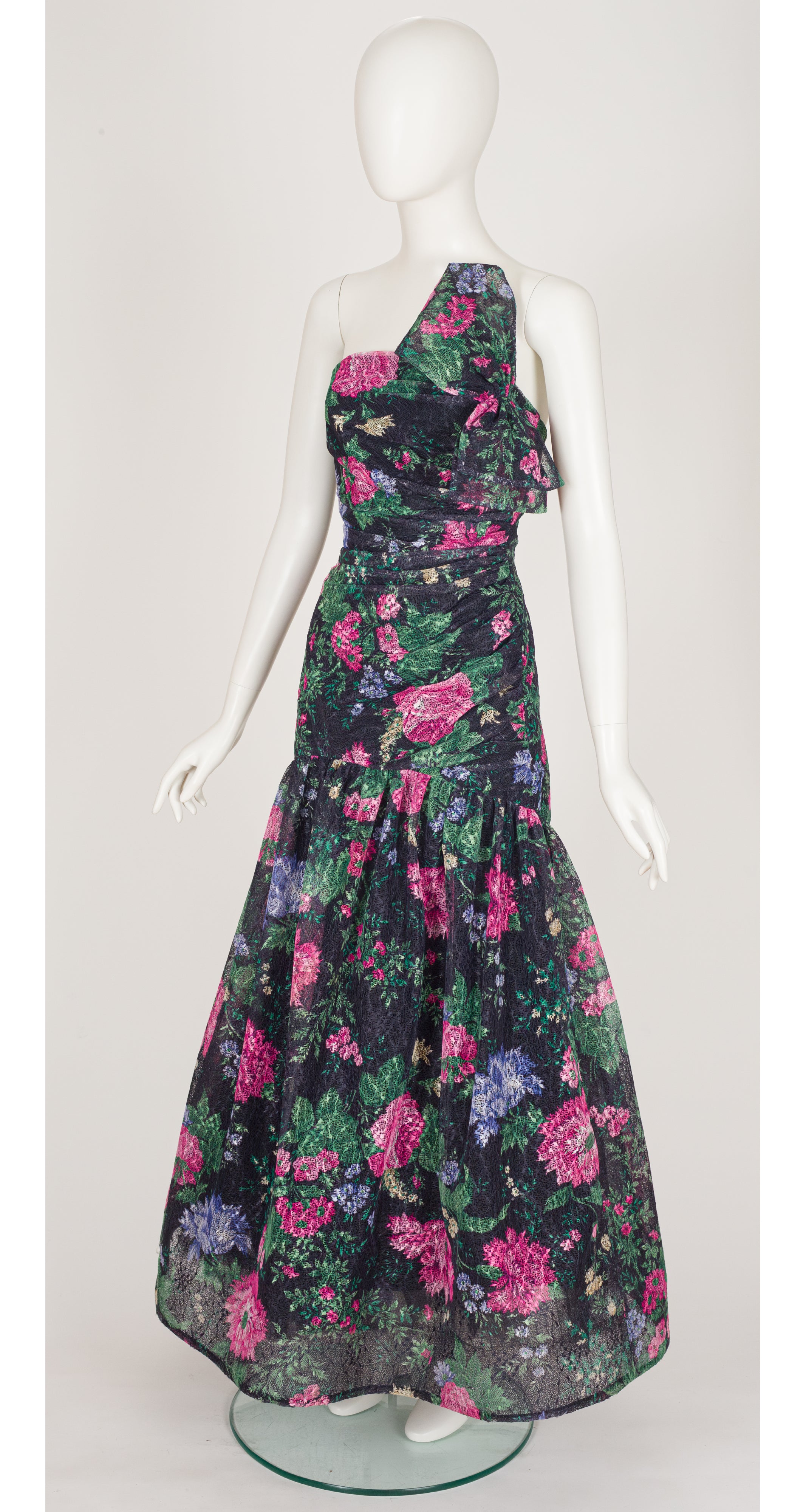 1987 Resort Floral Black Net Strapless Evening Gown