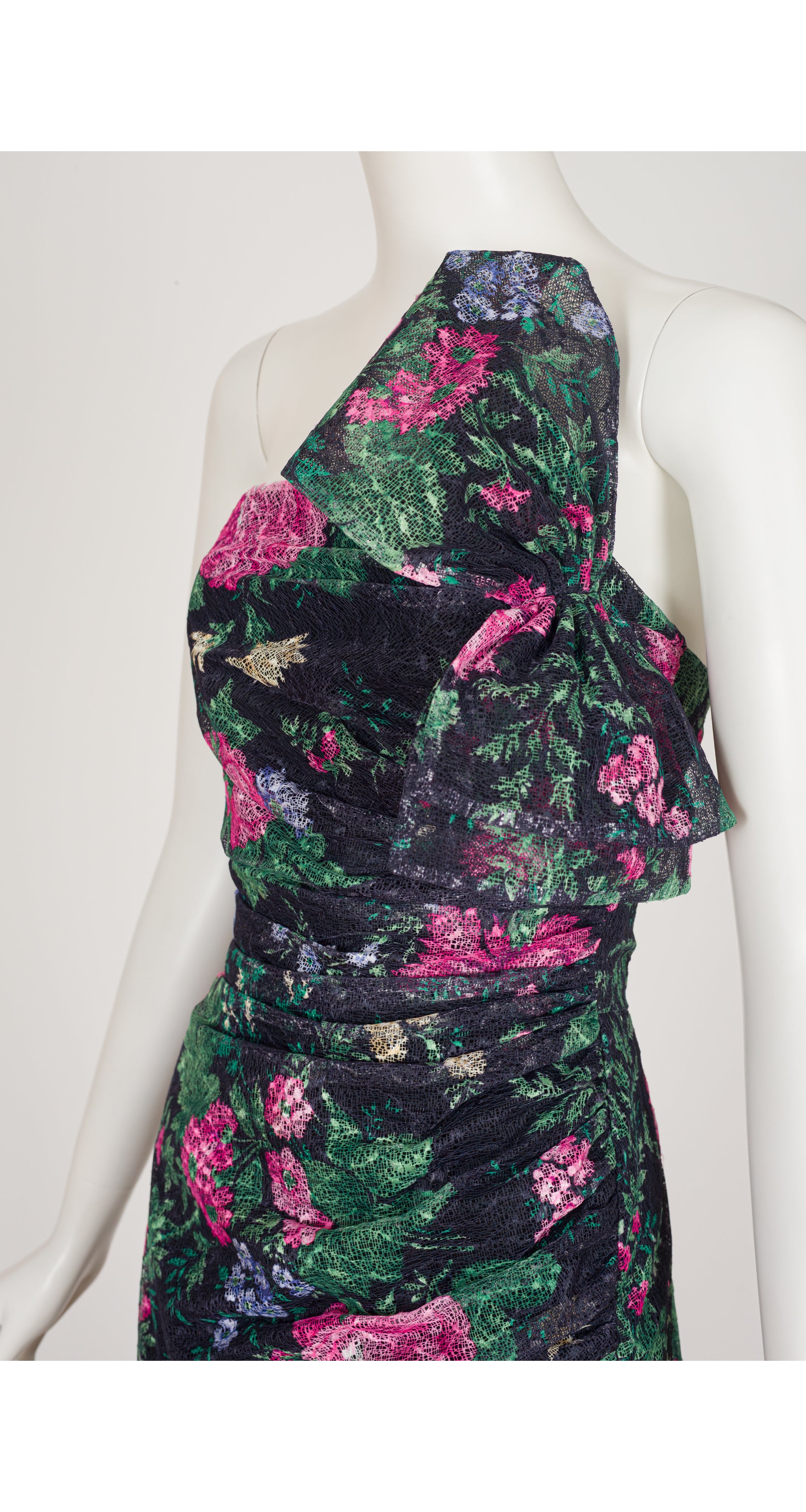 1987 Resort Floral Black Net Strapless Evening Gown
