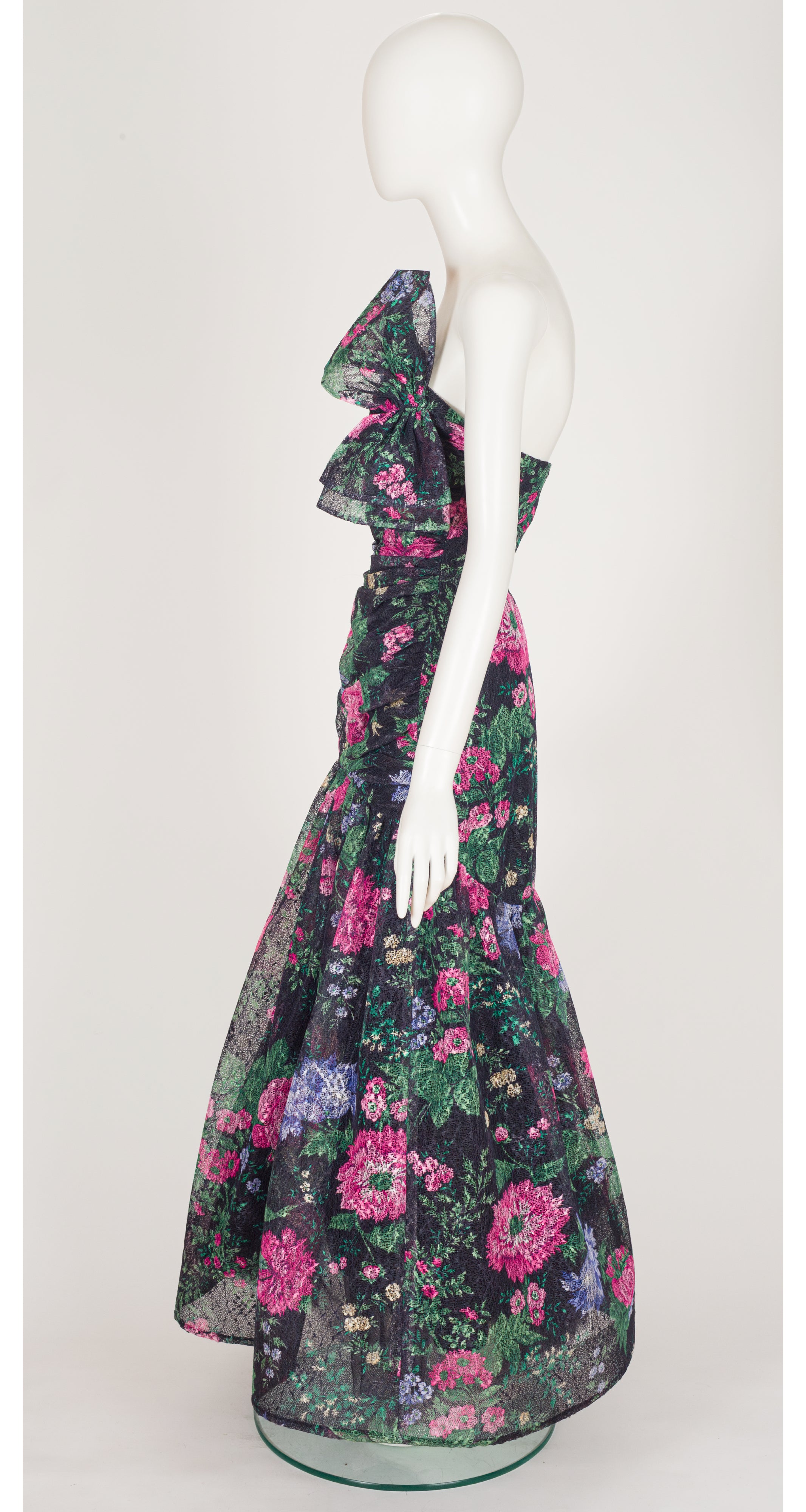 1987 Resort Floral Black Net Strapless Evening Gown