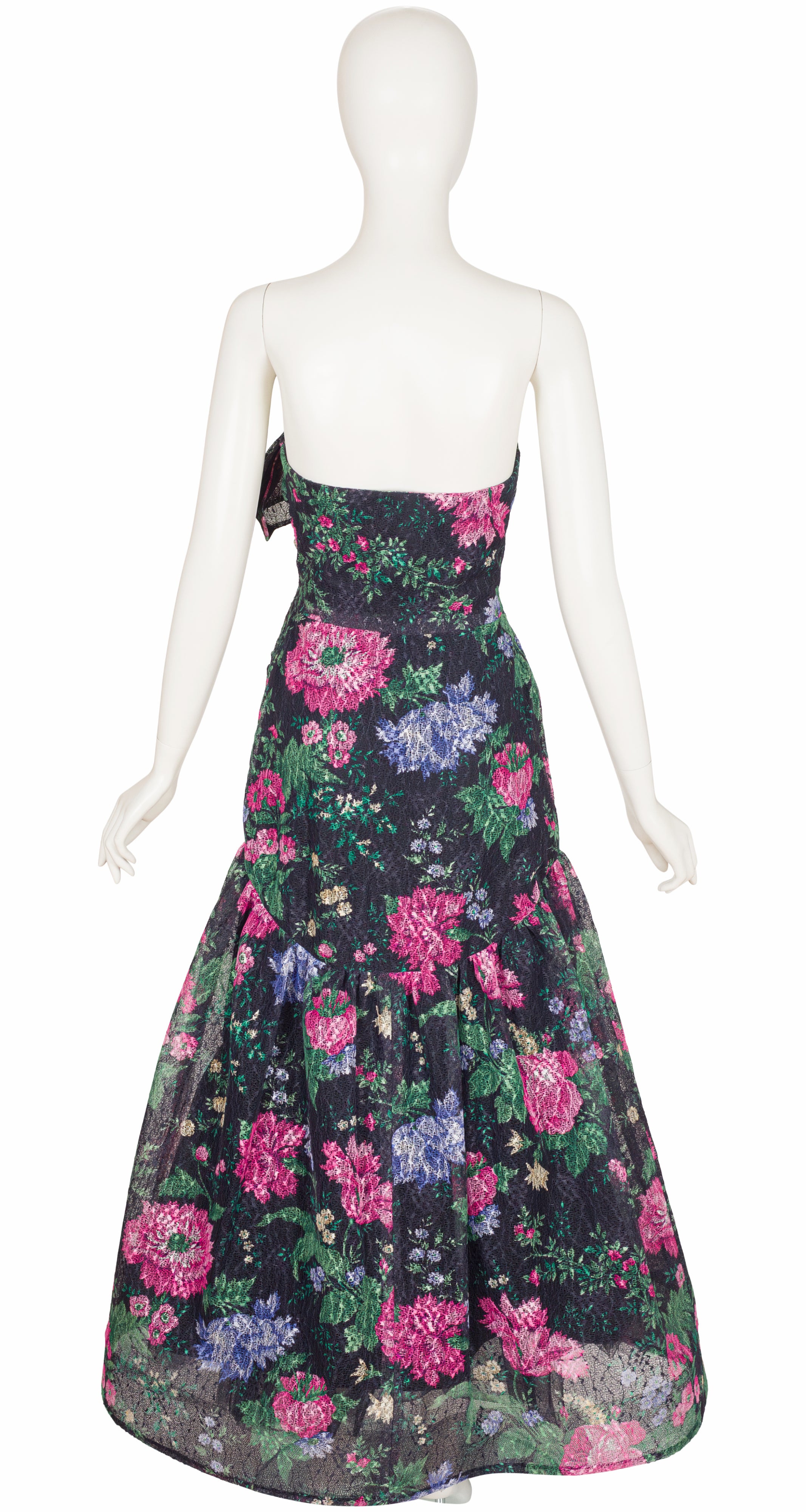 1987 Resort Floral Black Net Strapless Evening Gown