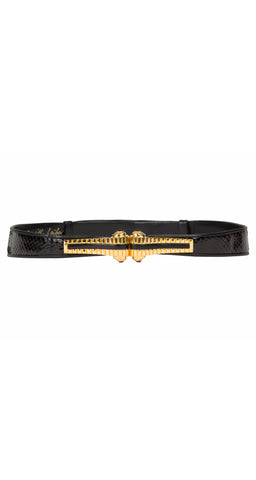 1980s Gold Spiral Buckle Black Snakeskin Adjustable Belt