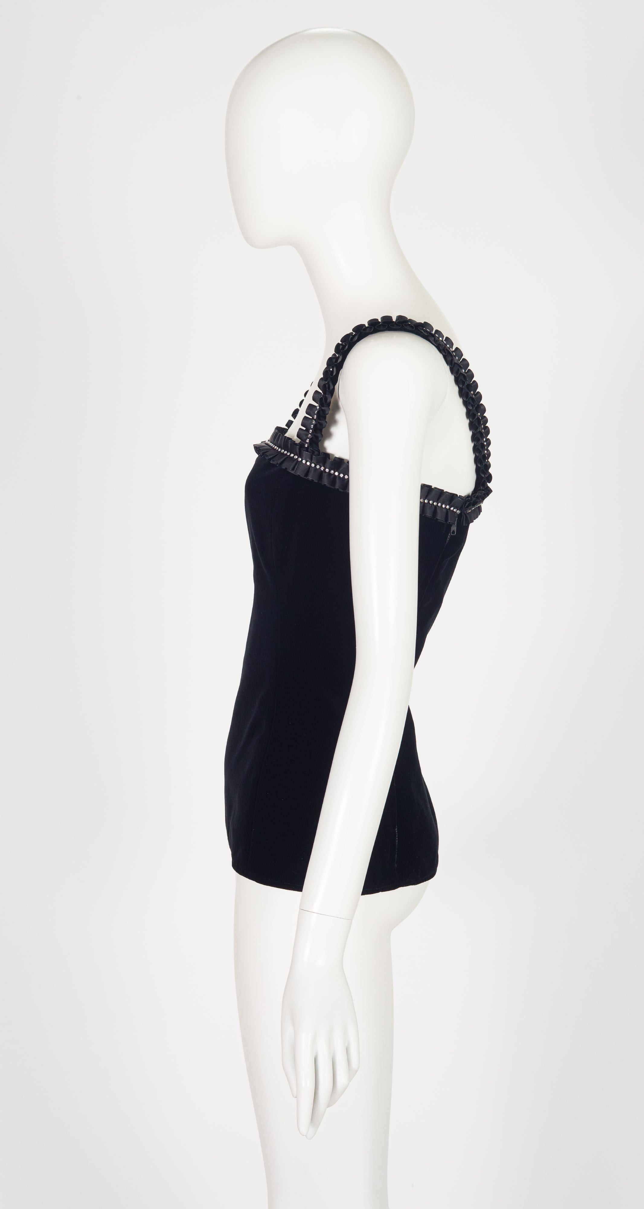 1981-82 F/W Rhinestone Ruffle Trim Black Velvet Top