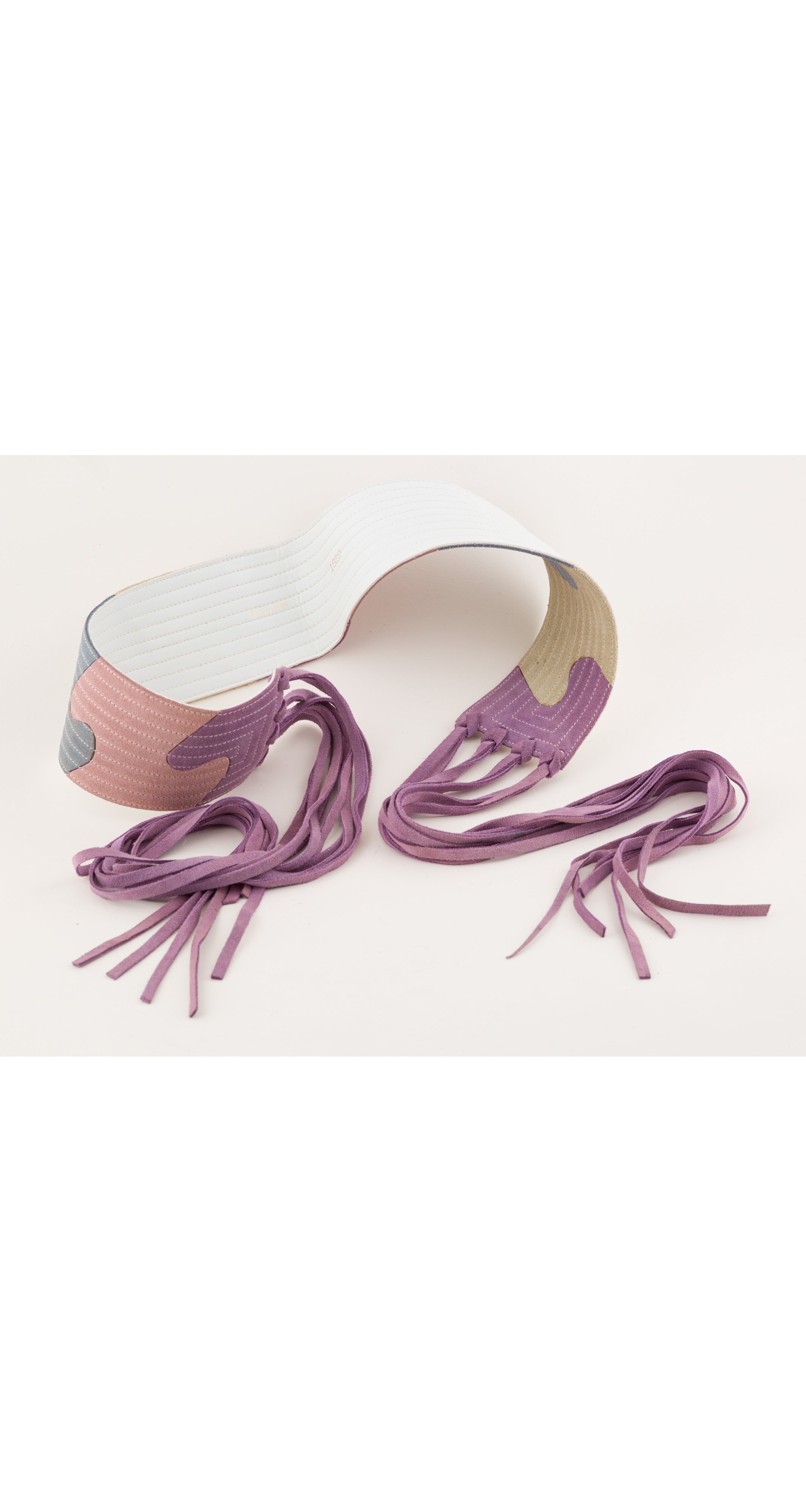 1970s Pastel Suede Puzzle Piece Fringe Tie Belt