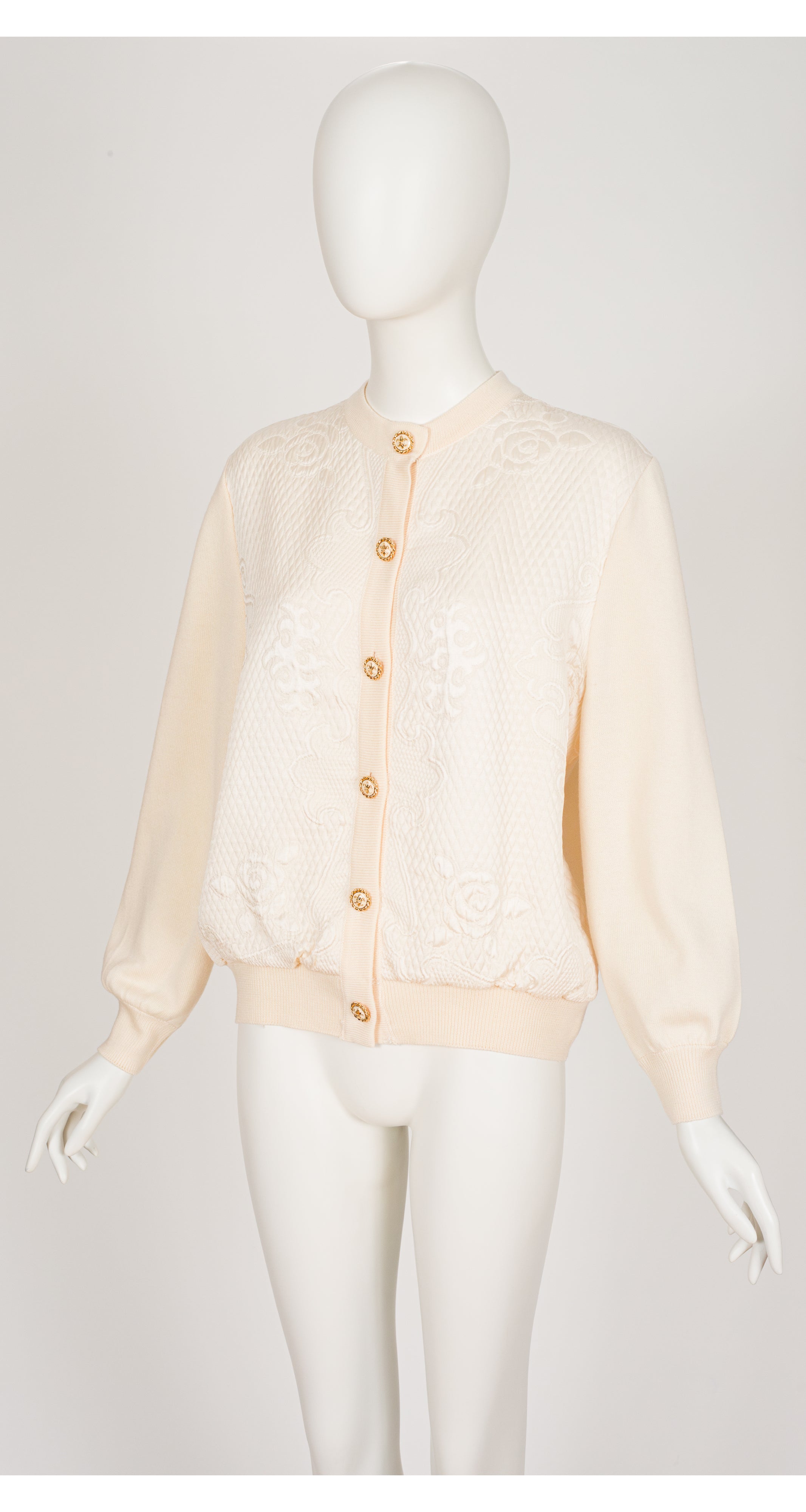 1990s Cream Quilted Silk & Wool Knit Cardigan