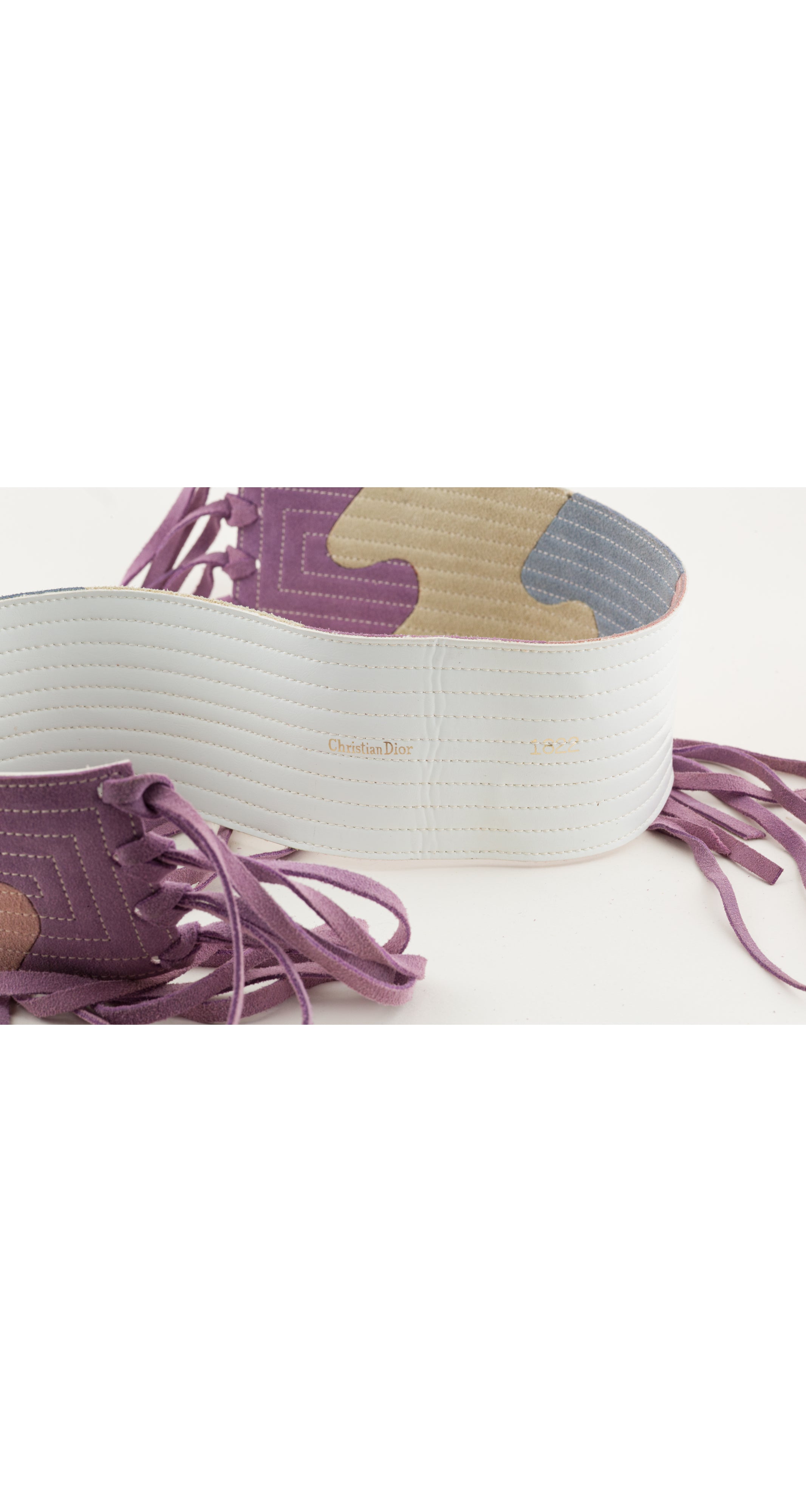 1970s Pastel Suede Puzzle Piece Fringe Tie Belt