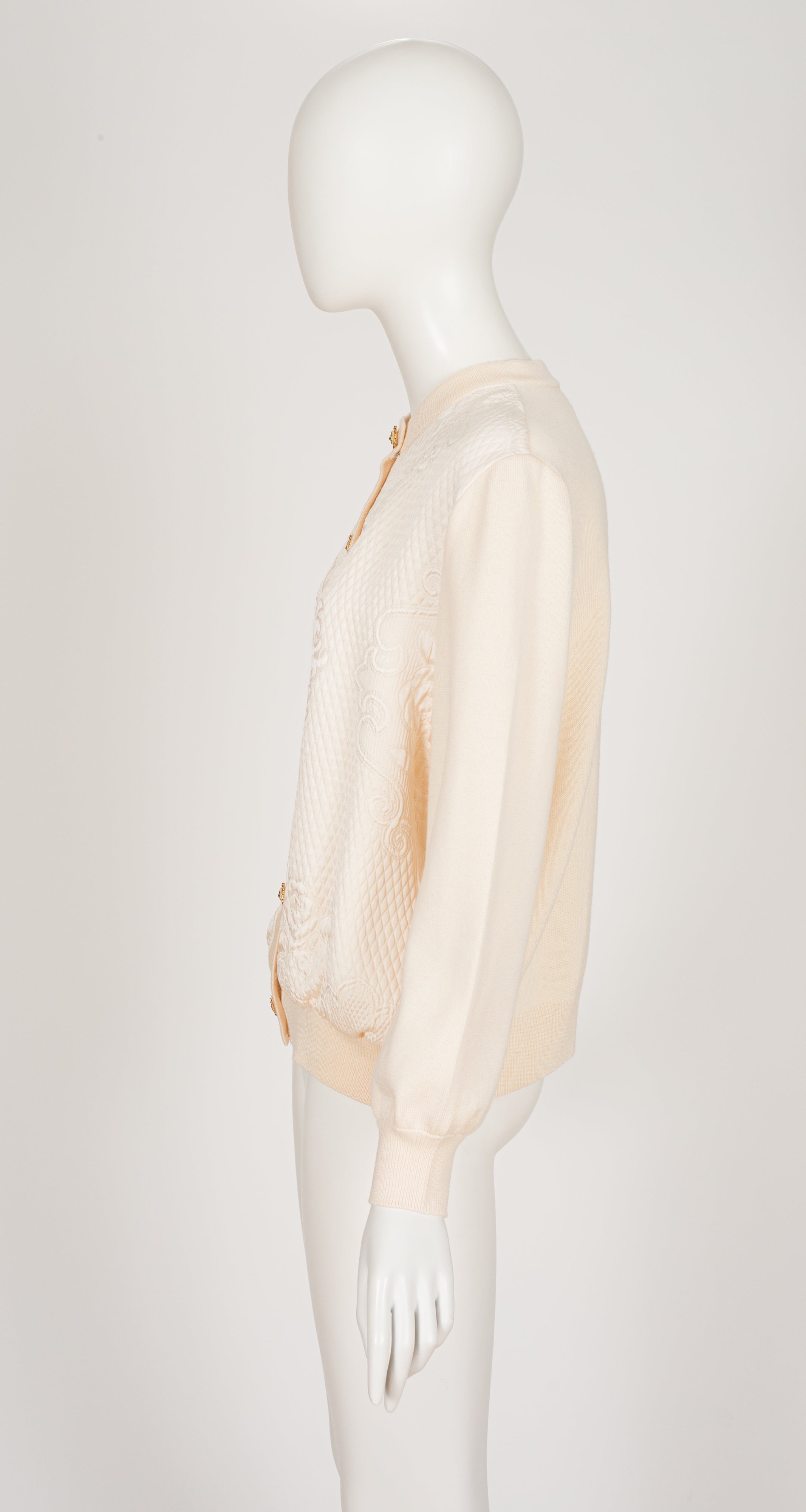 1990s Cream Quilted Silk & Wool Knit Cardigan