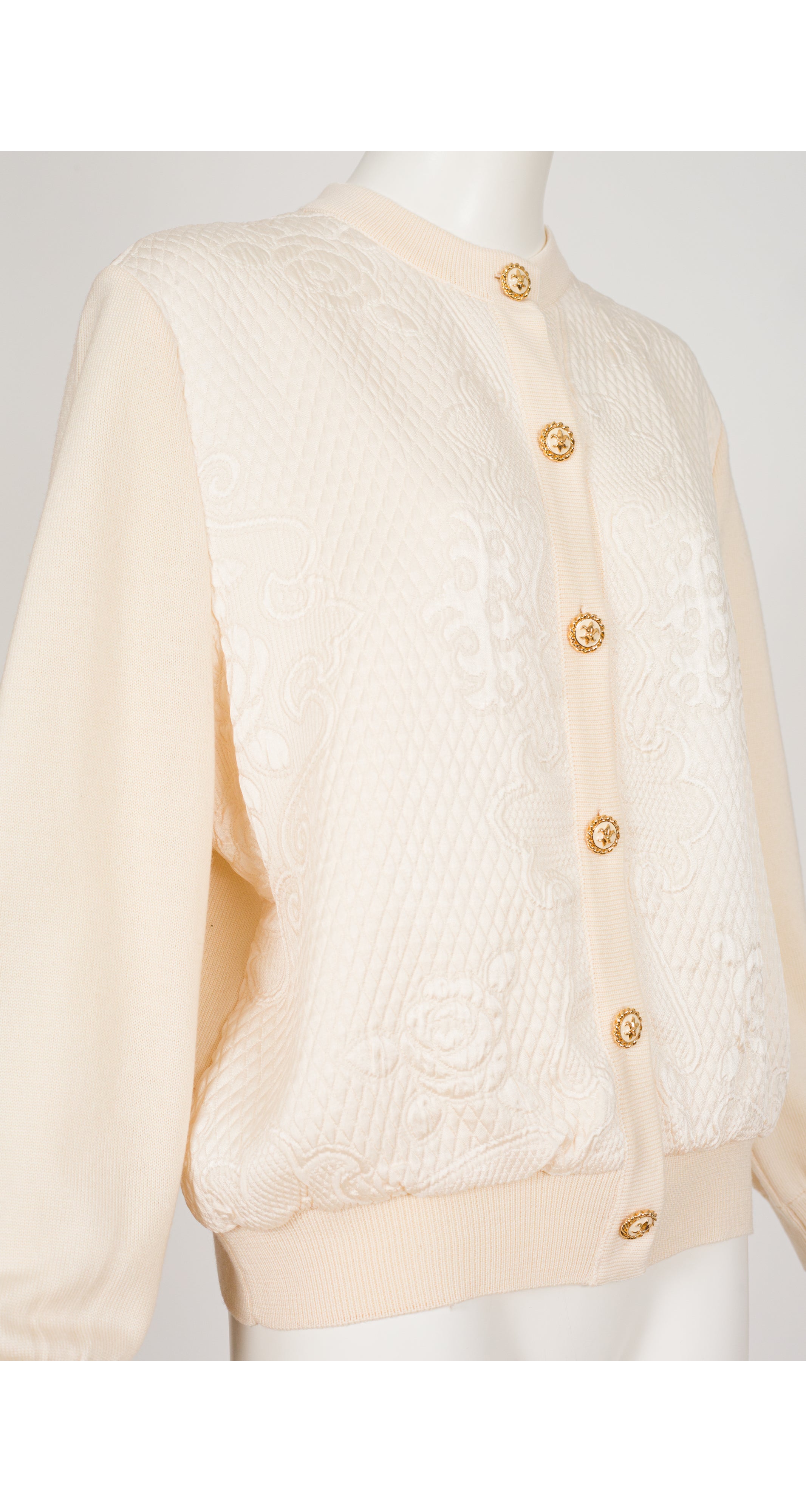 1990s Cream Quilted Silk & Wool Knit Cardigan