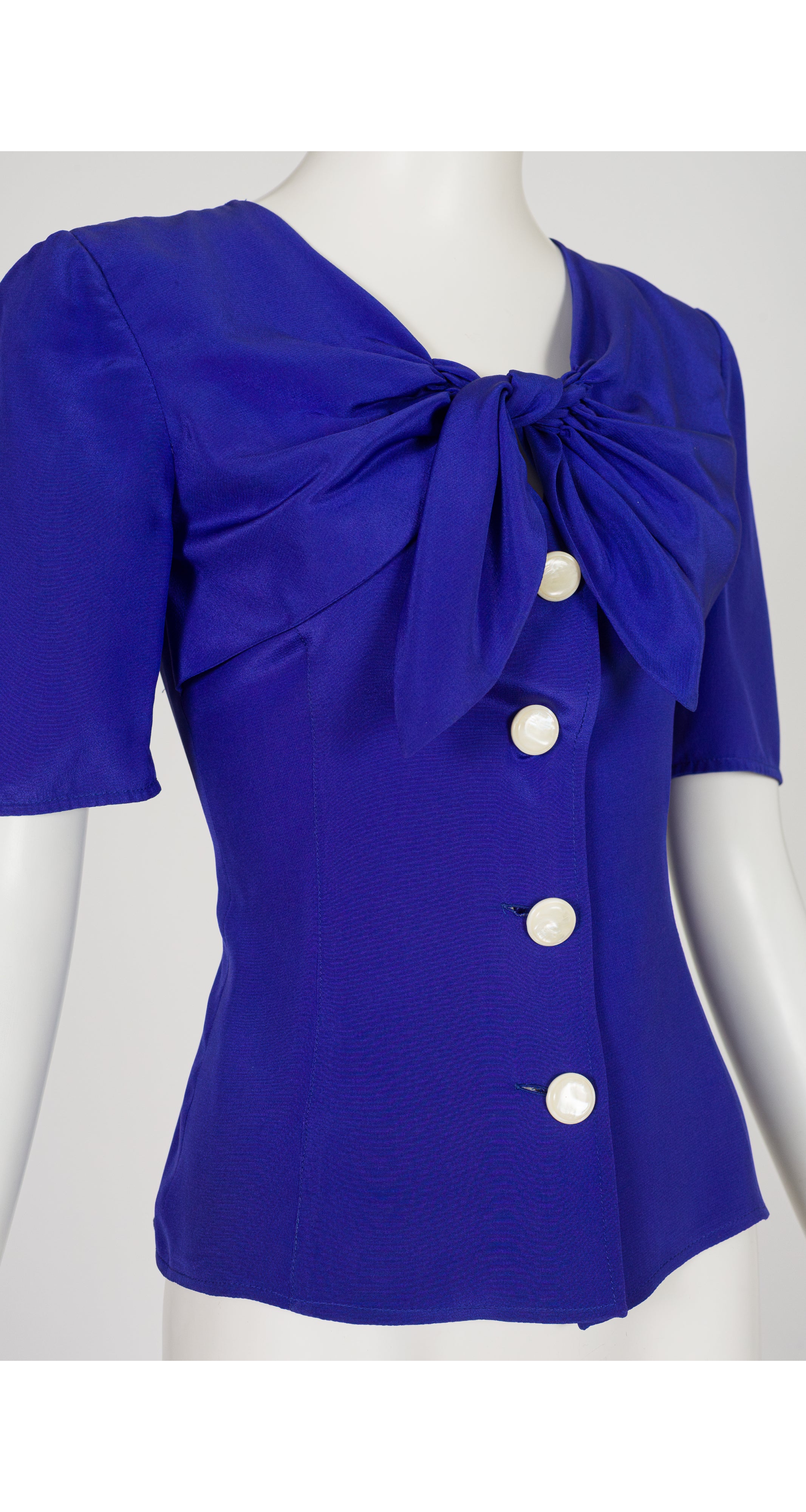 1990s Indigo Silk Tie V-Neck Short Sleeve Top