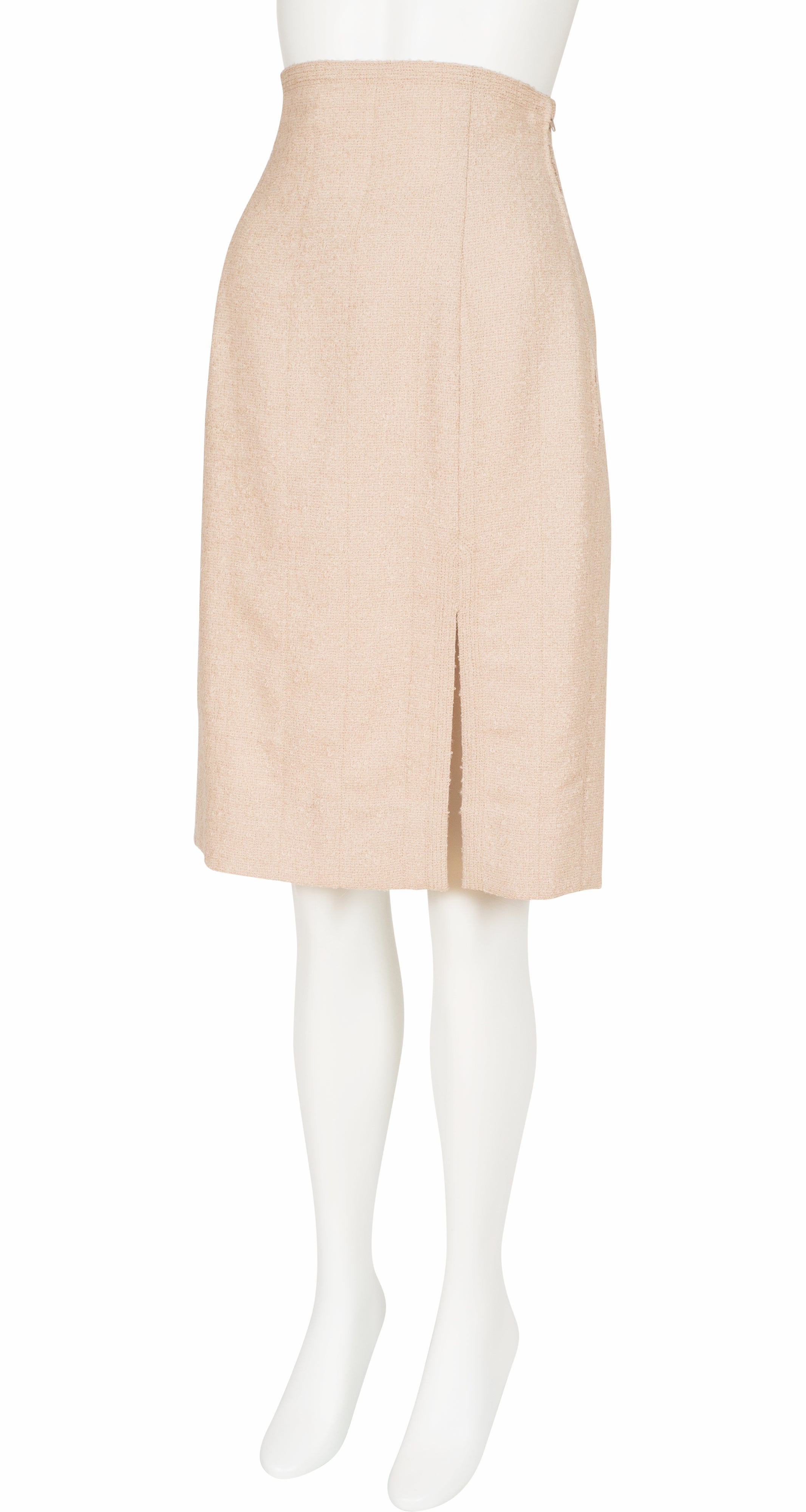 1990s Beige Boucle Cropped Jacket Skirt Suit