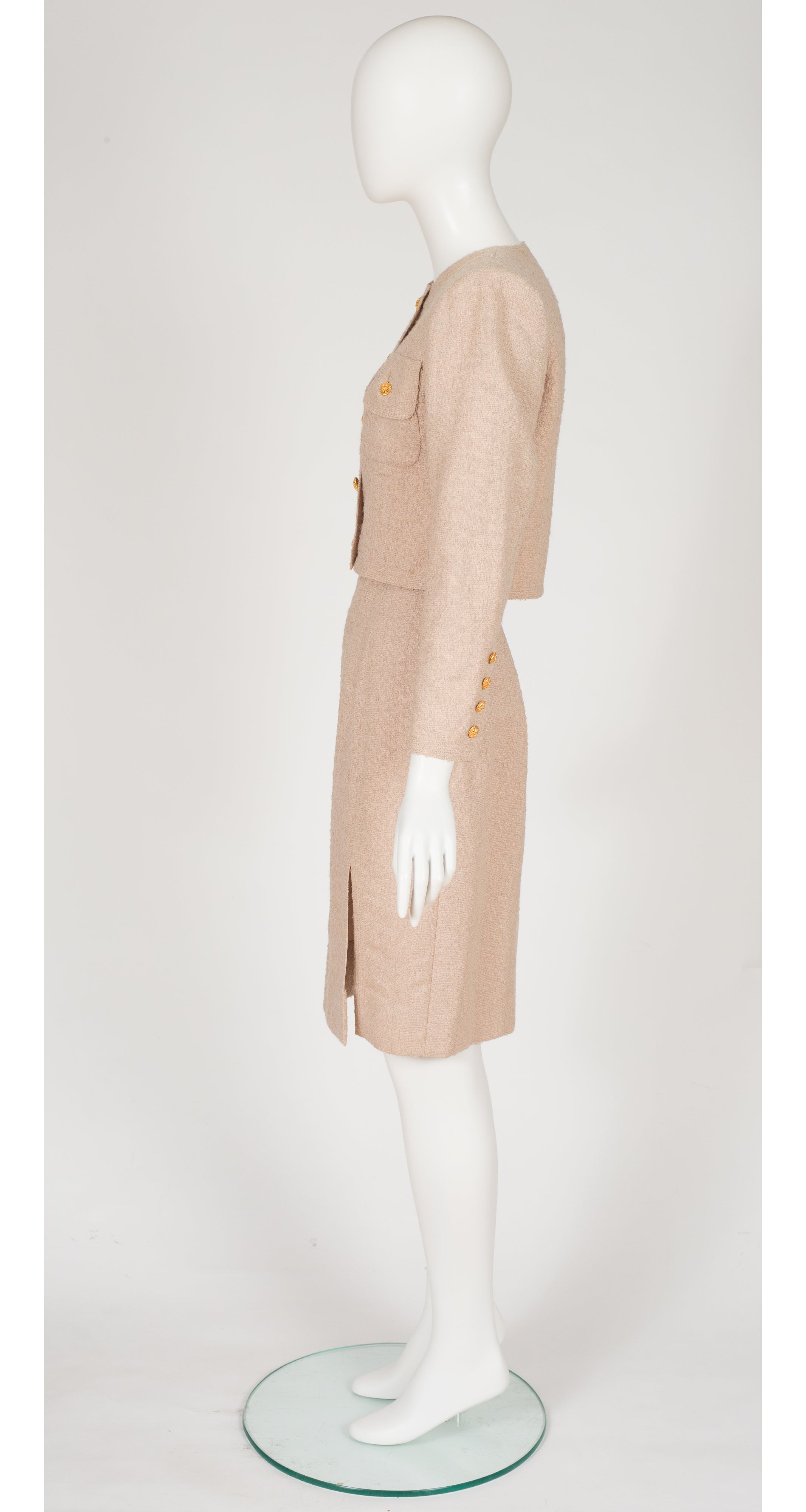 1990s Beige Boucle Cropped Jacket Skirt Suit