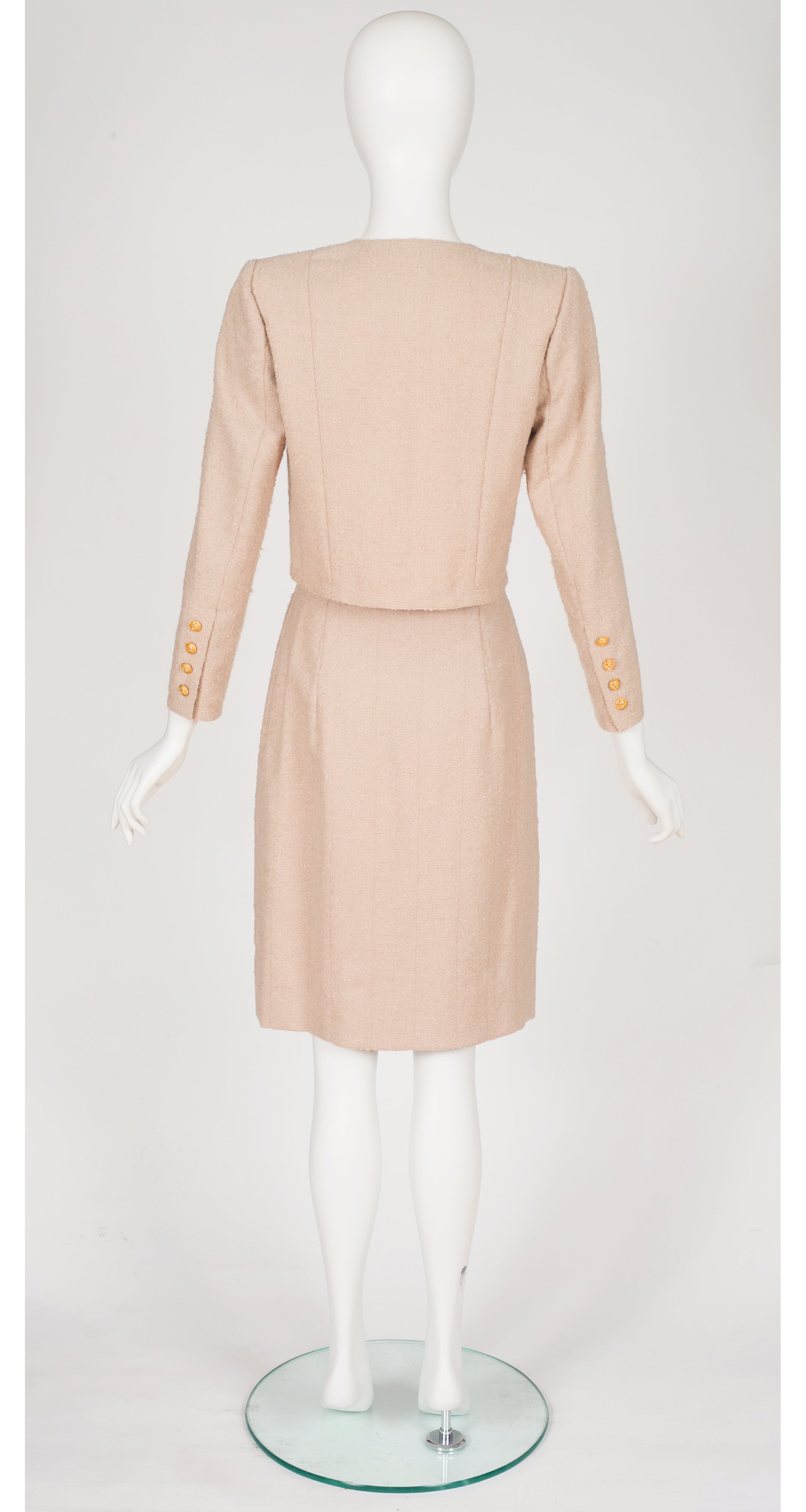 1990s Beige Boucle Cropped Jacket Skirt Suit