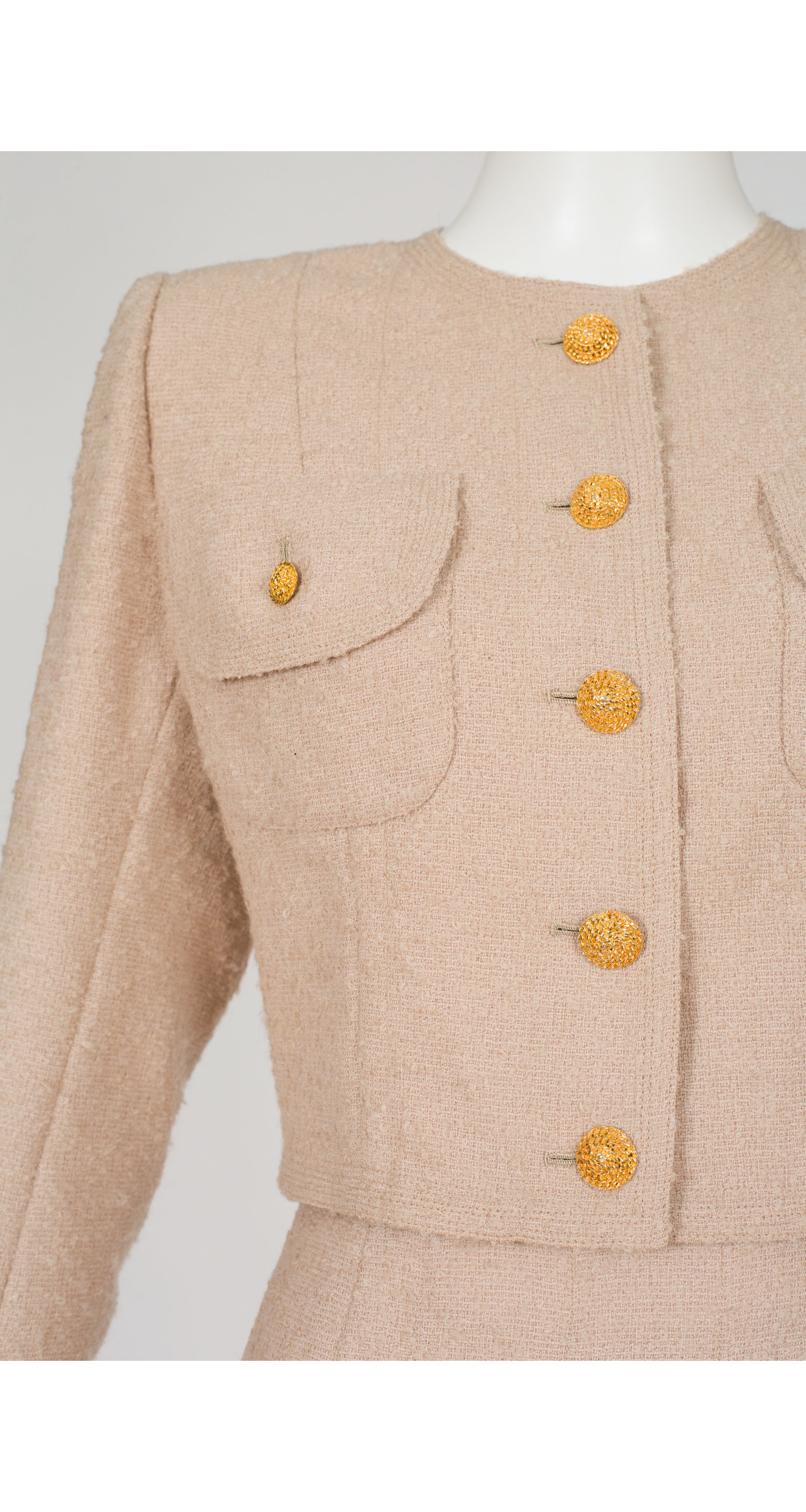1990s Beige Boucle Cropped Jacket Skirt Suit