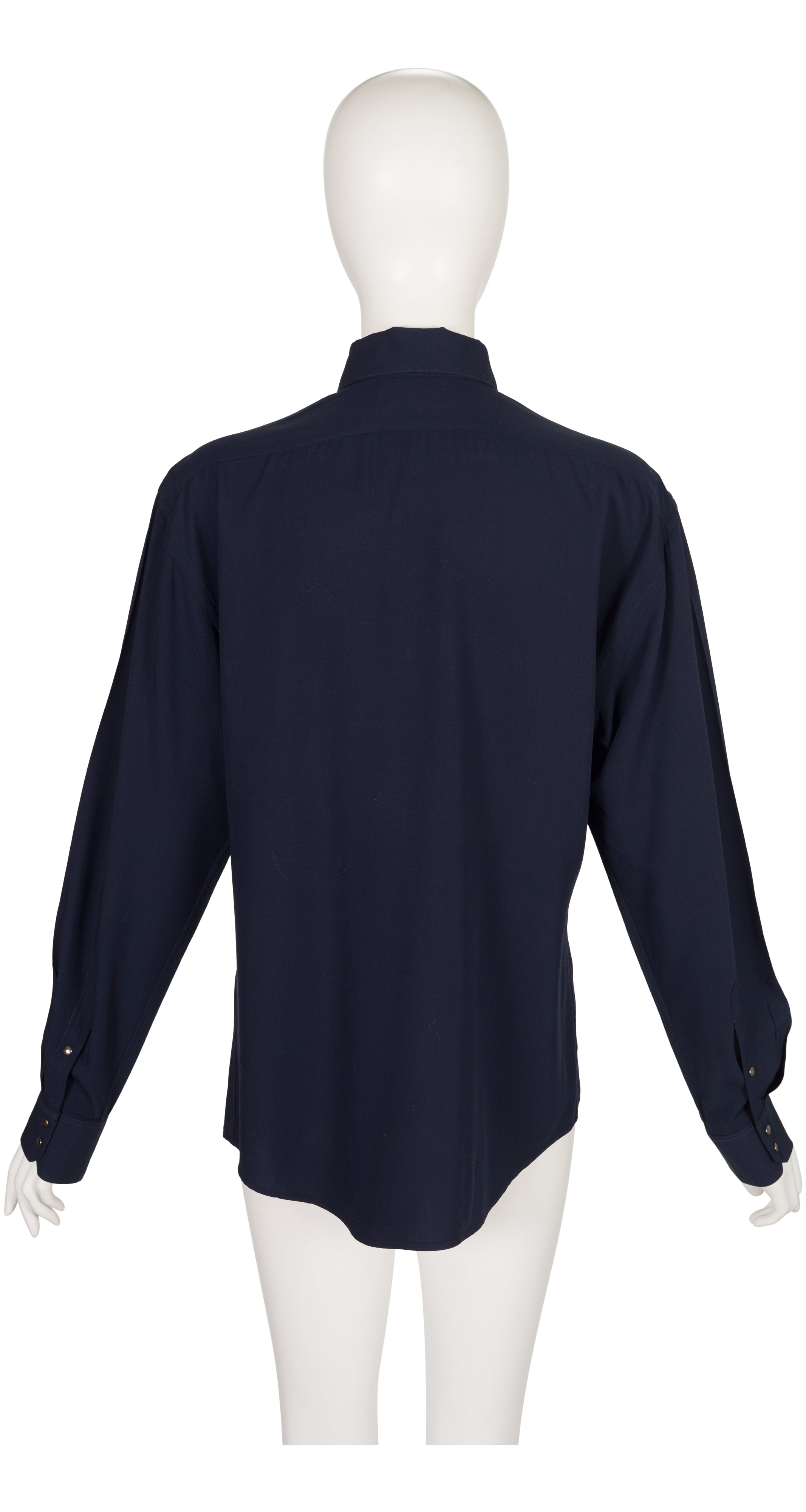 1980s Men's Navy Vicose Snap-Up Dress Shirt