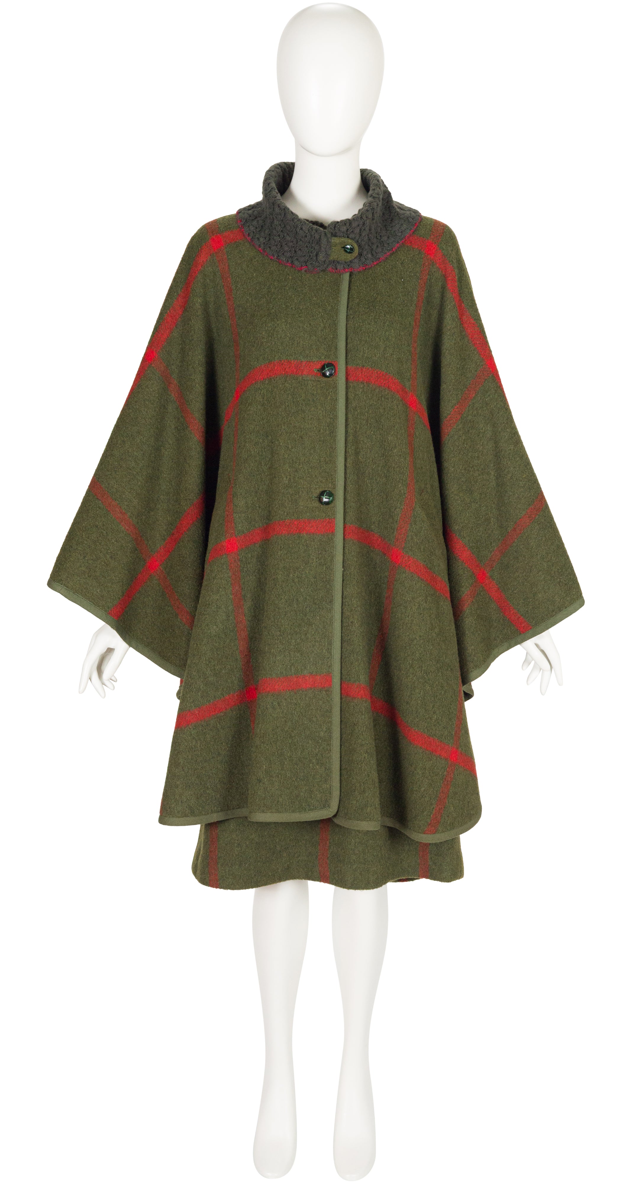 1970s Olive Green Plaid Wool Cape & Skirt Set