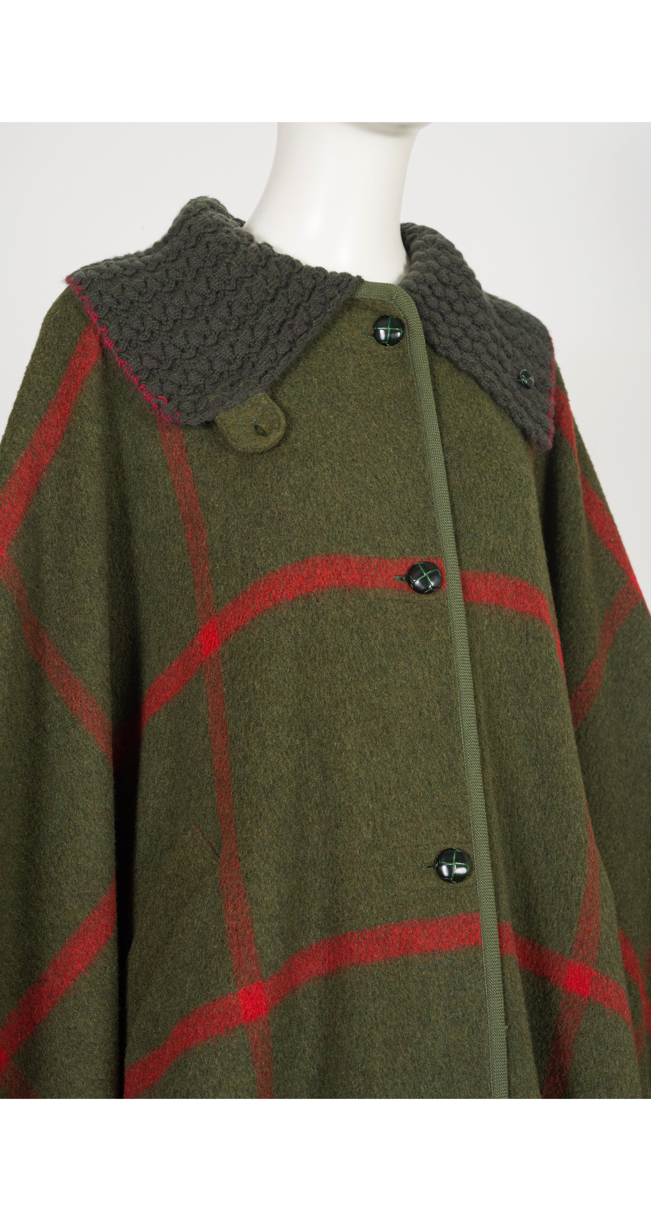 1970s Olive Green Plaid Wool Cape & Skirt Set