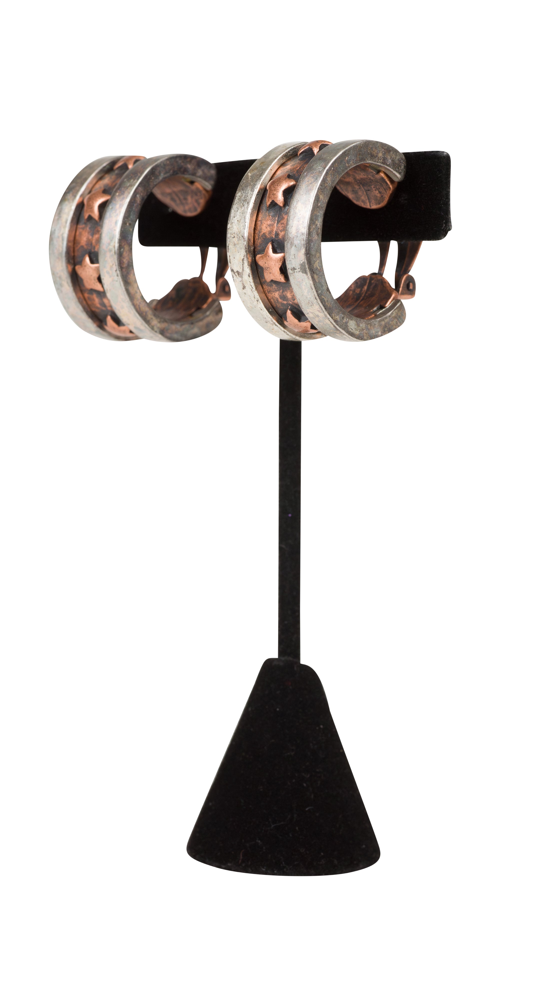 1990s Star Design Copper and Silver Clip-On Hoop Earrings