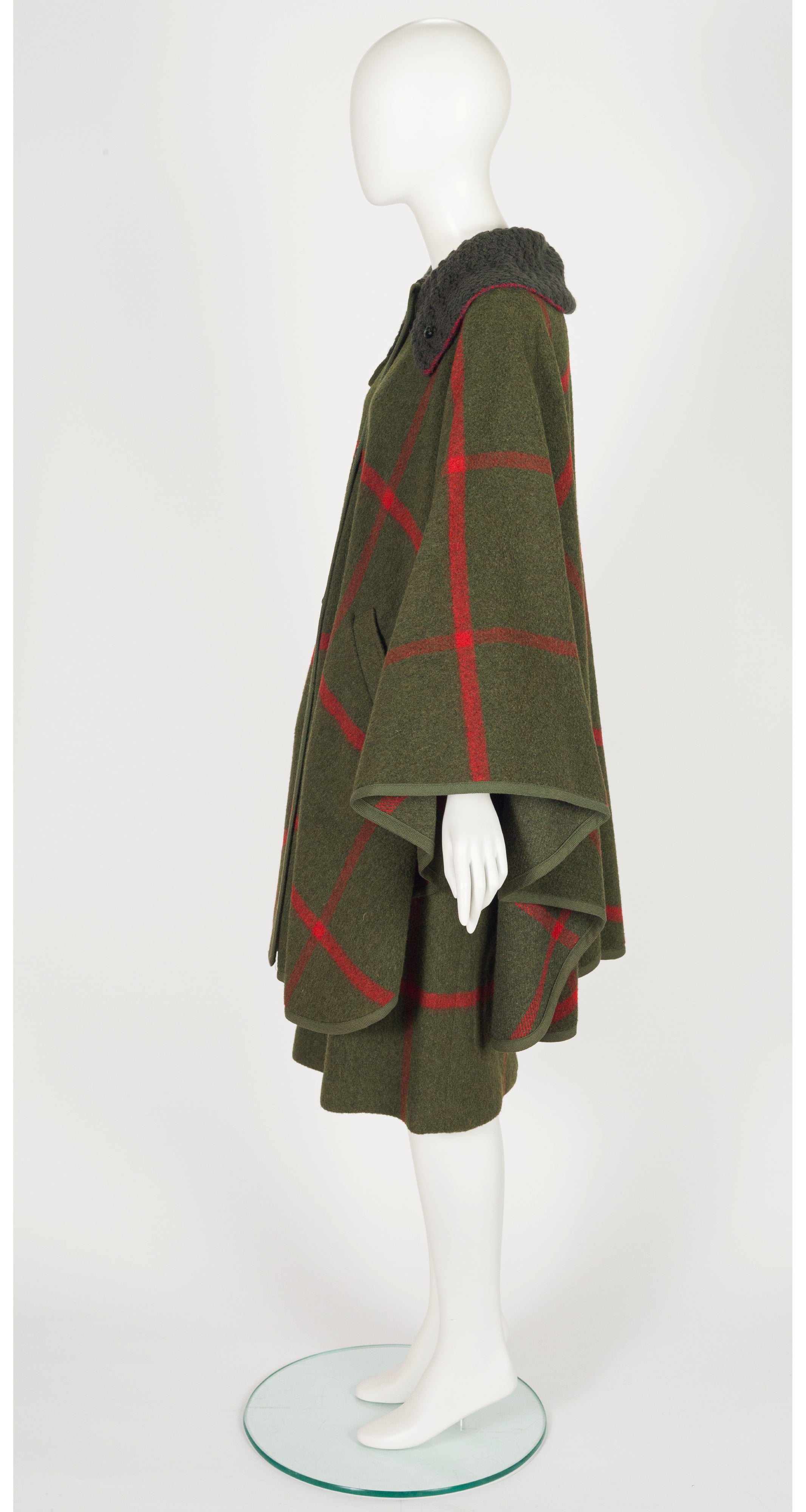 1970s Olive Green Plaid Wool Cape & Skirt Set