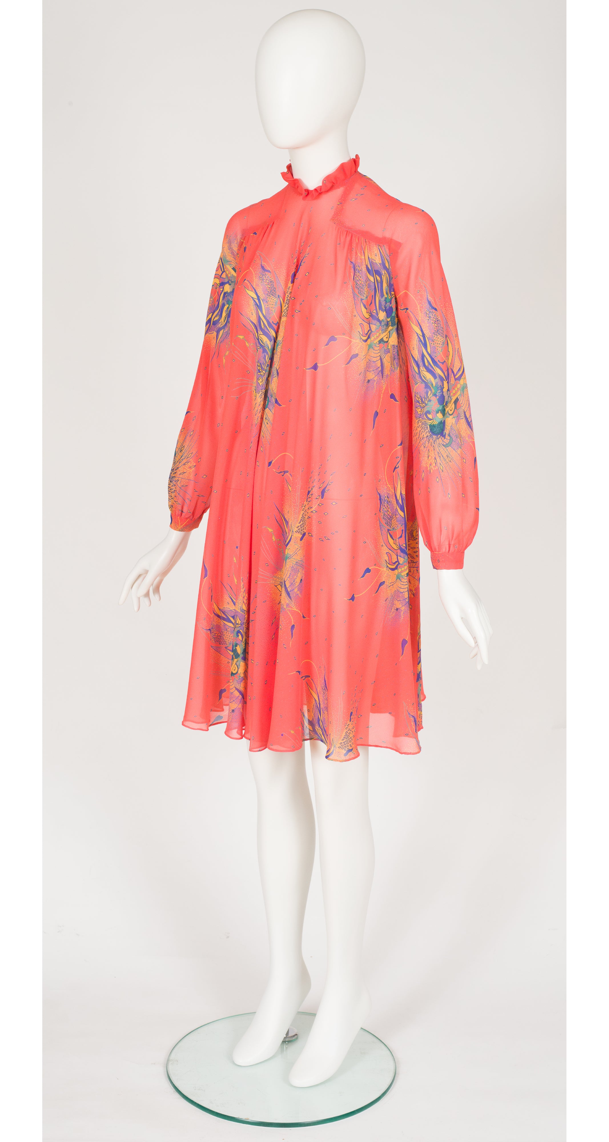 1980s Psychedelic Print Salmon Rayon Chiffon Tent Dress