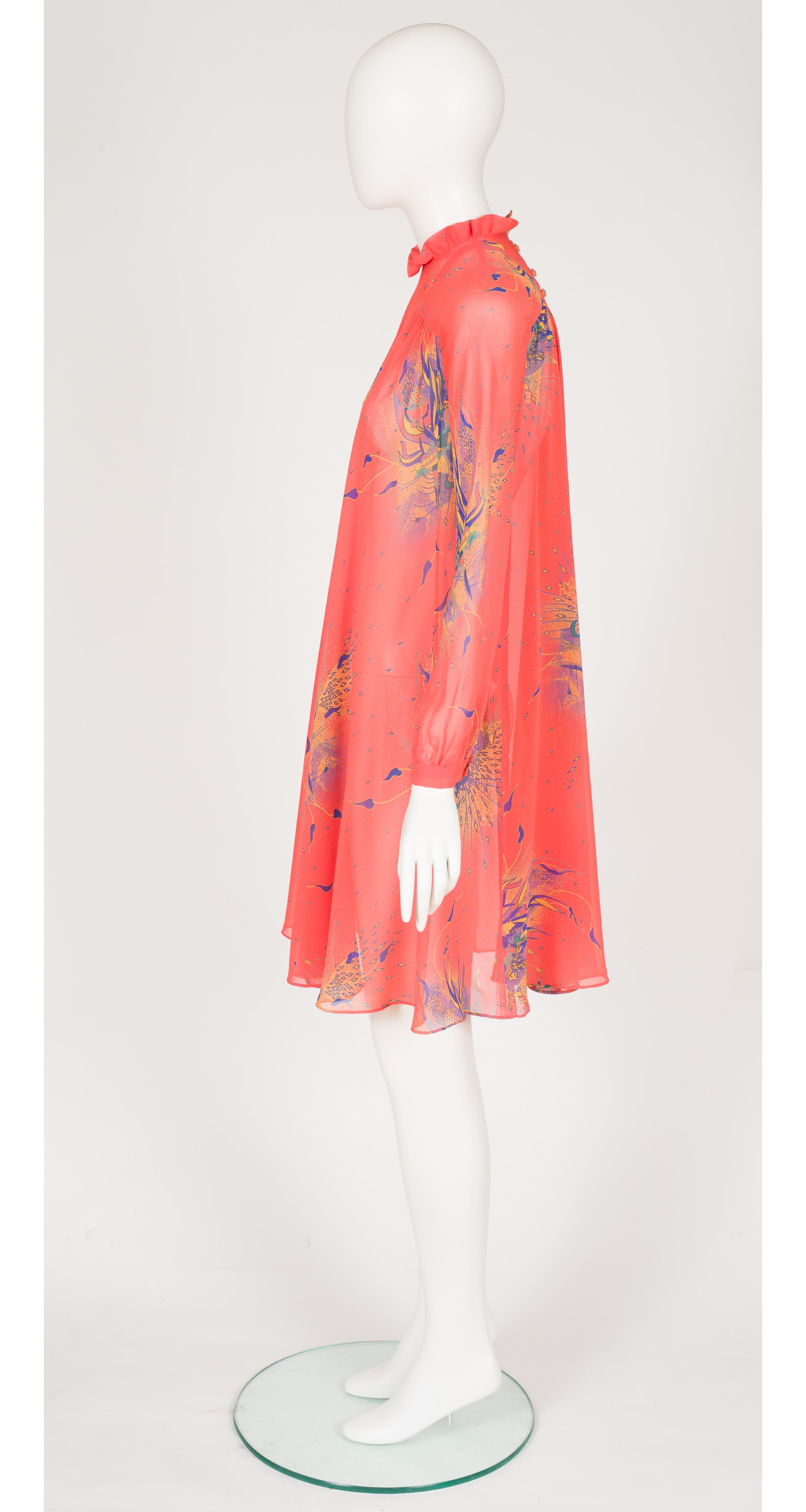 1980s Psychedelic Print Salmon Rayon Chiffon Tent Dress