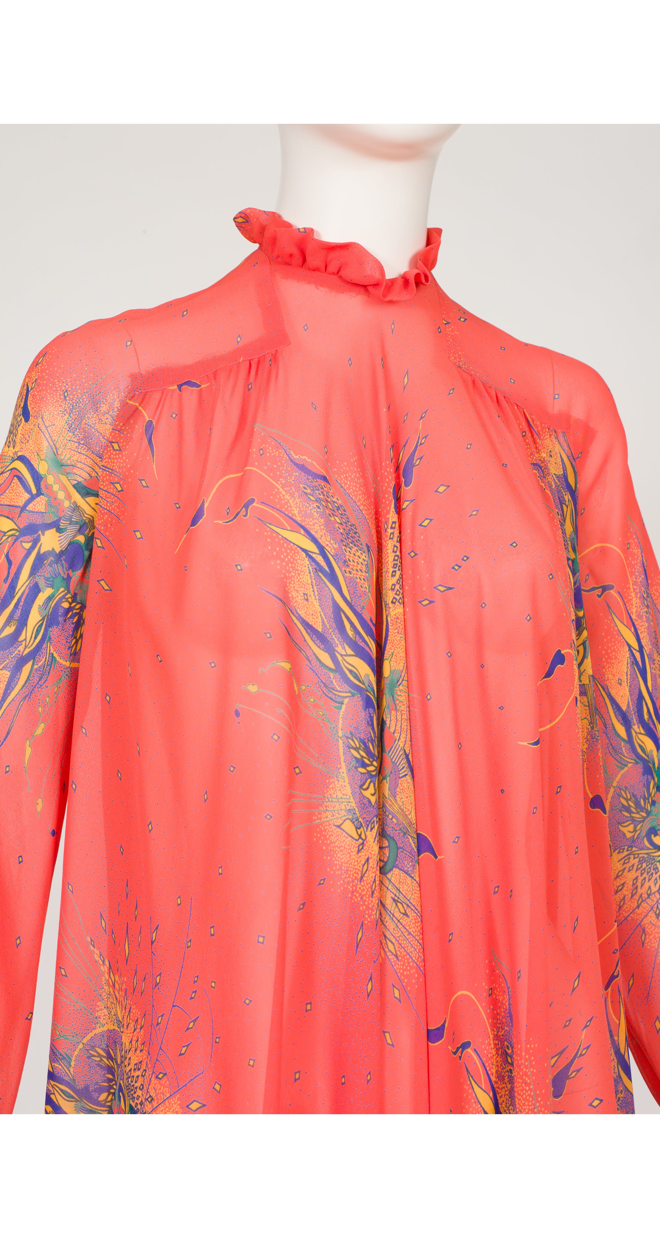 1980s Psychedelic Print Salmon Rayon Chiffon Tent Dress