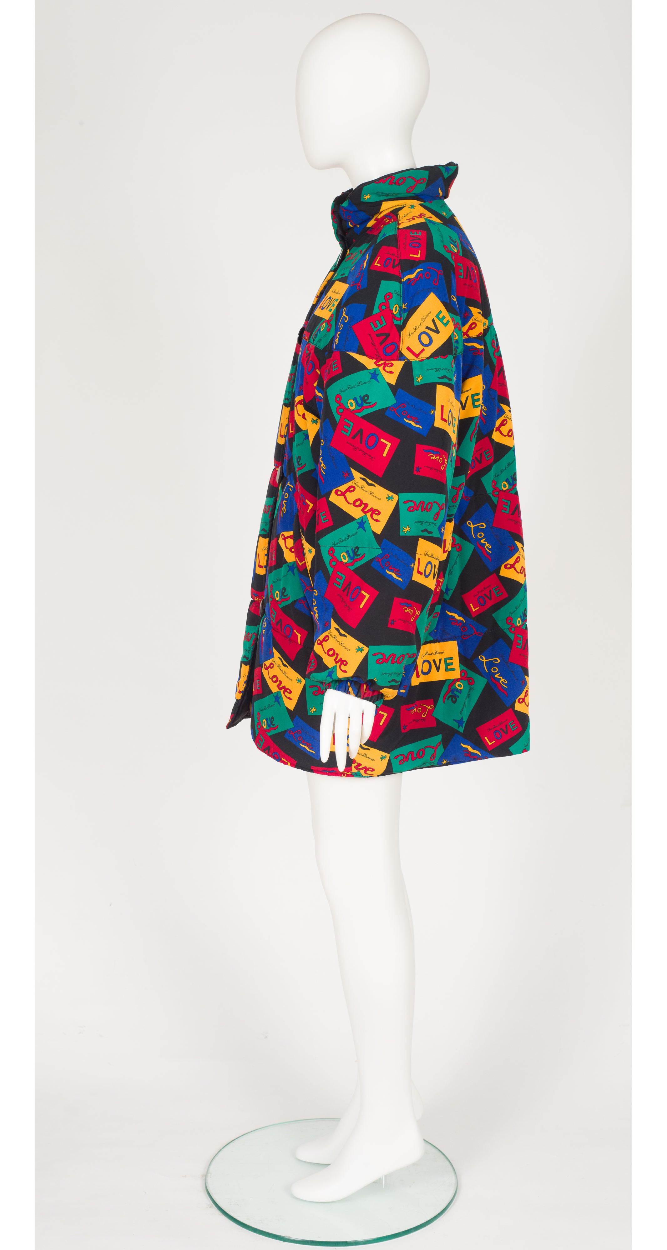 1990s Love Cards Print Black Reversible Puffer Coat