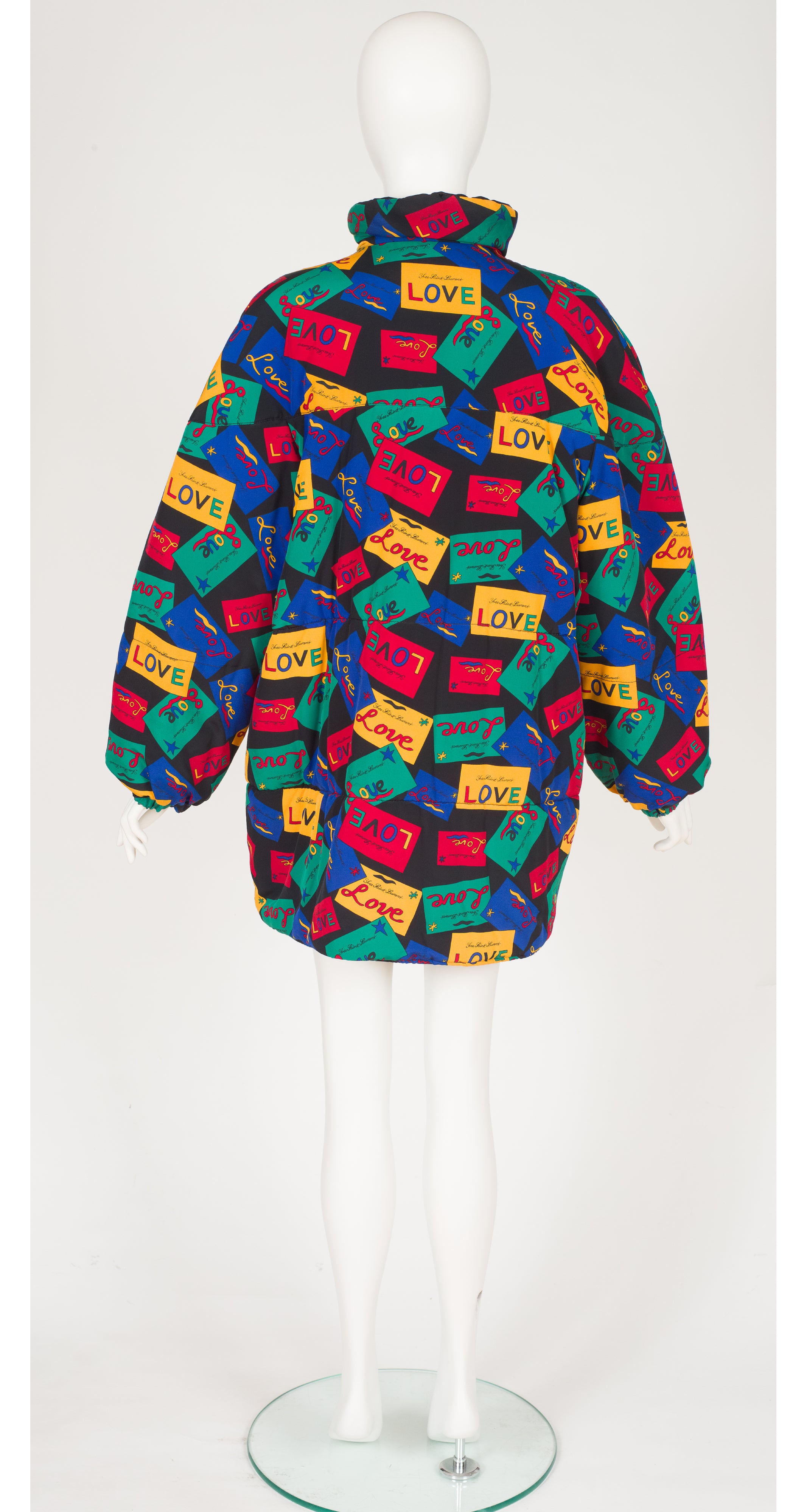 1990s Love Cards Print Black Reversible Puffer Coat