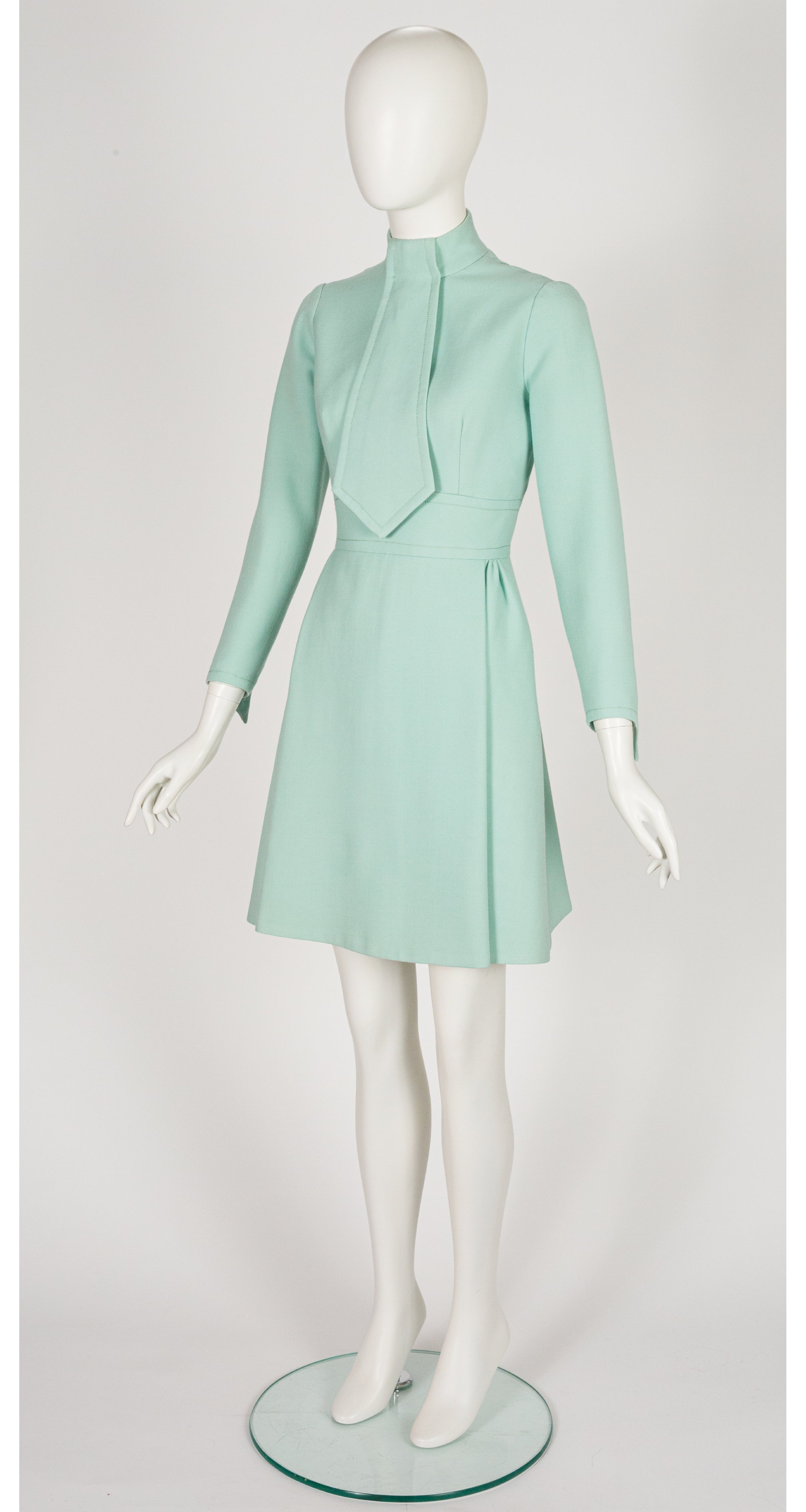 1960s Aqua Wool Jabot Tie Long Sleeve Dress