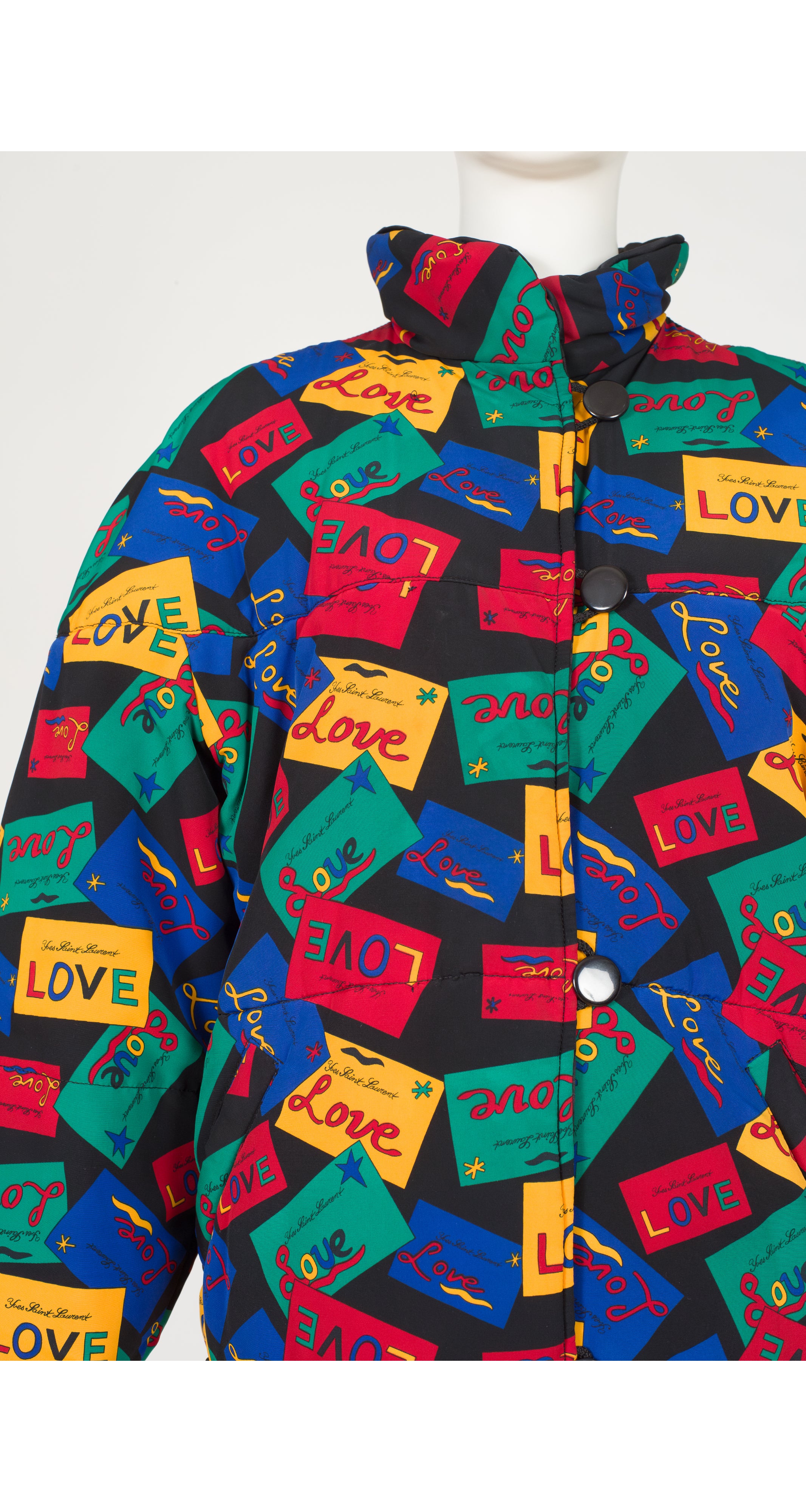 1990s Love Cards Print Black Reversible Puffer Coat
