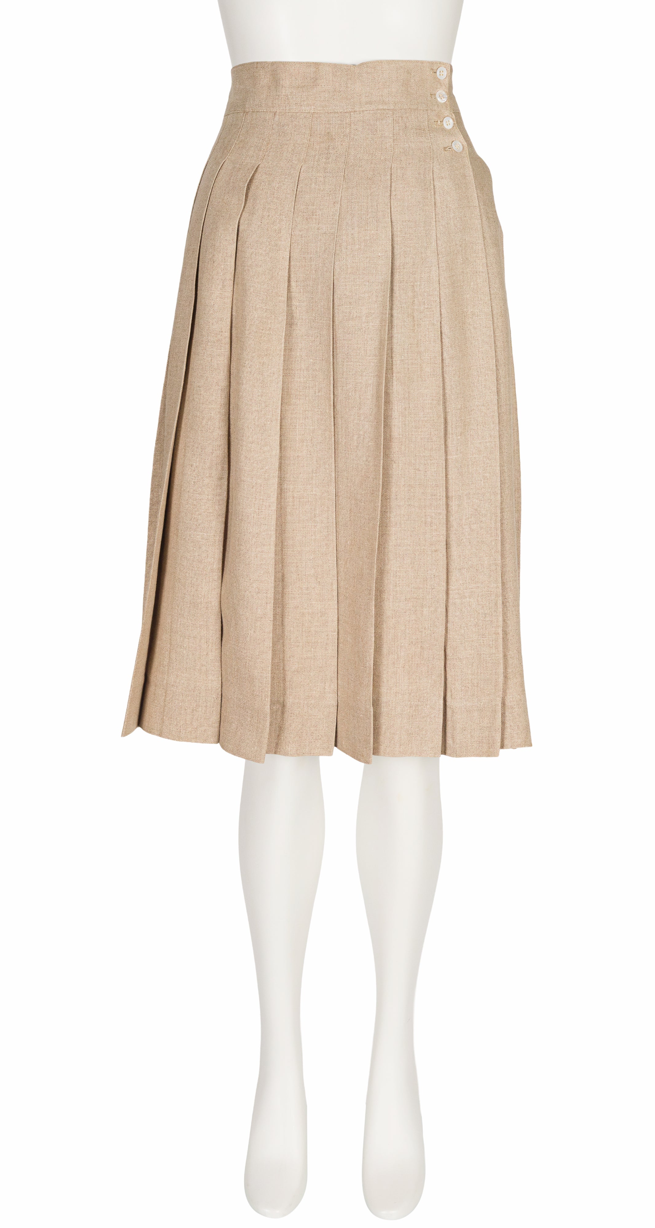 1980s Beige Linen Pleated Knee-Length Skirt