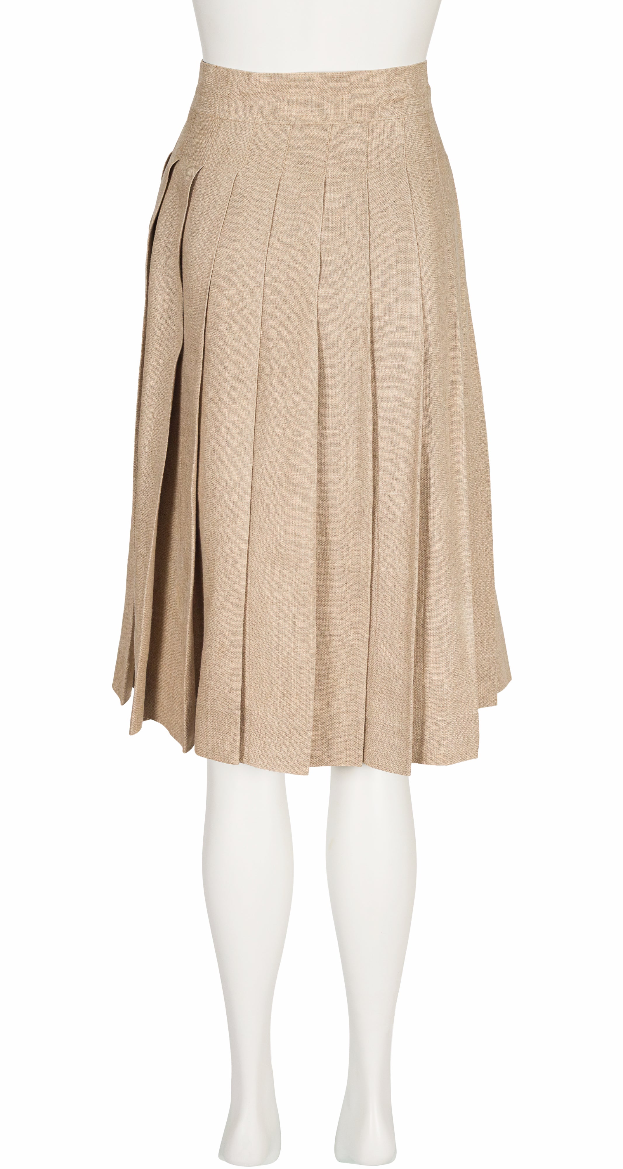 1980s Beige Linen Pleated Knee-Length Skirt