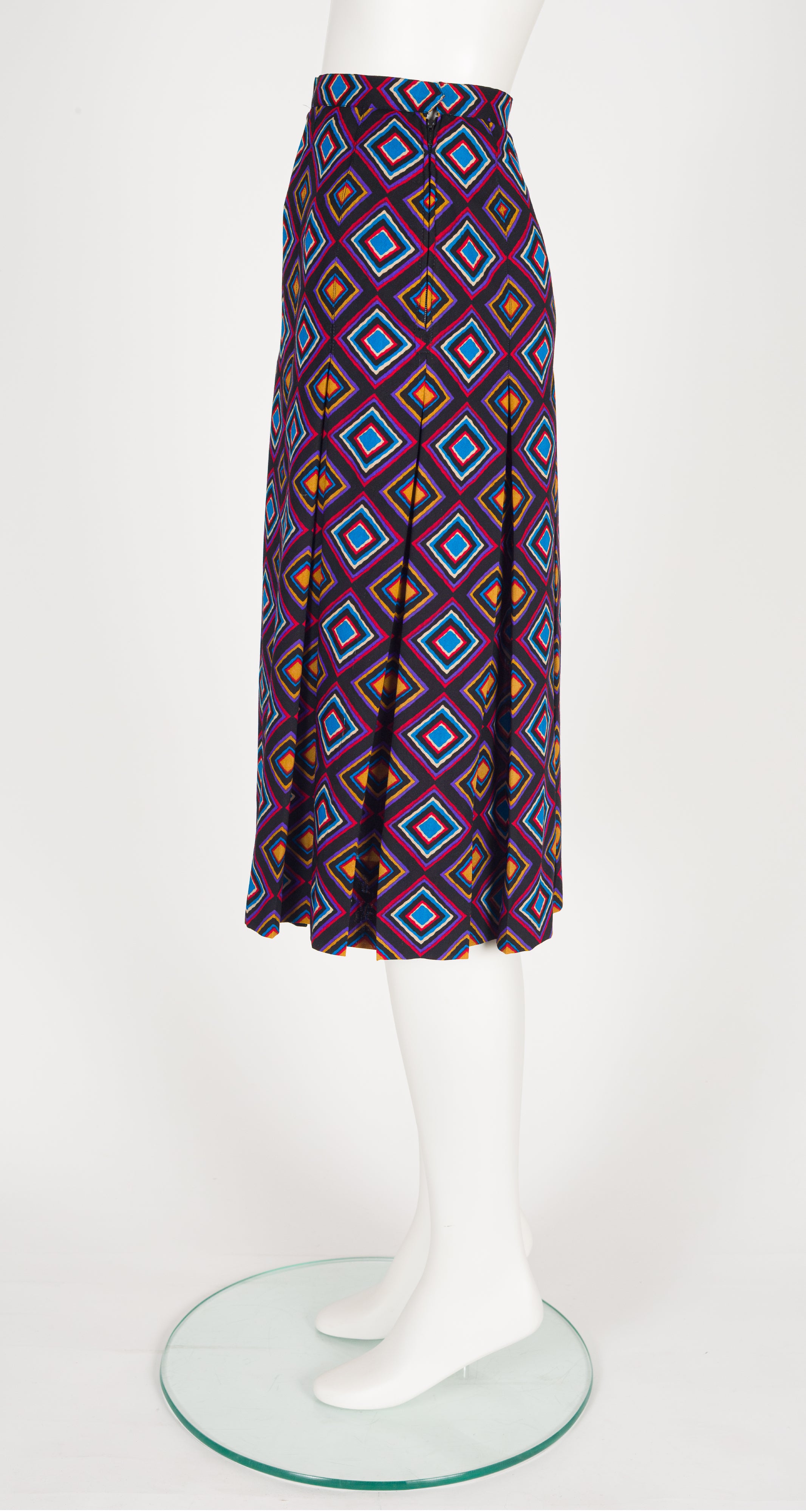 1970s Geometric Print Wool Challis Pleated Skirt