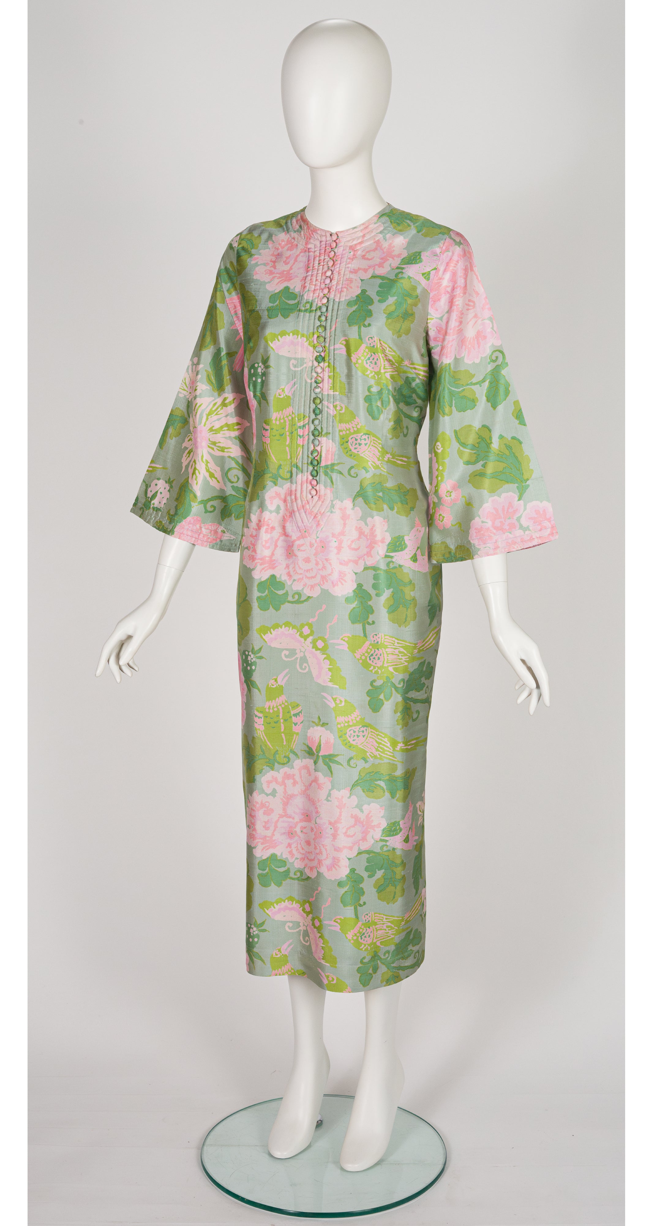 1970s Floral Bird Print Green Thai Silk Caftan