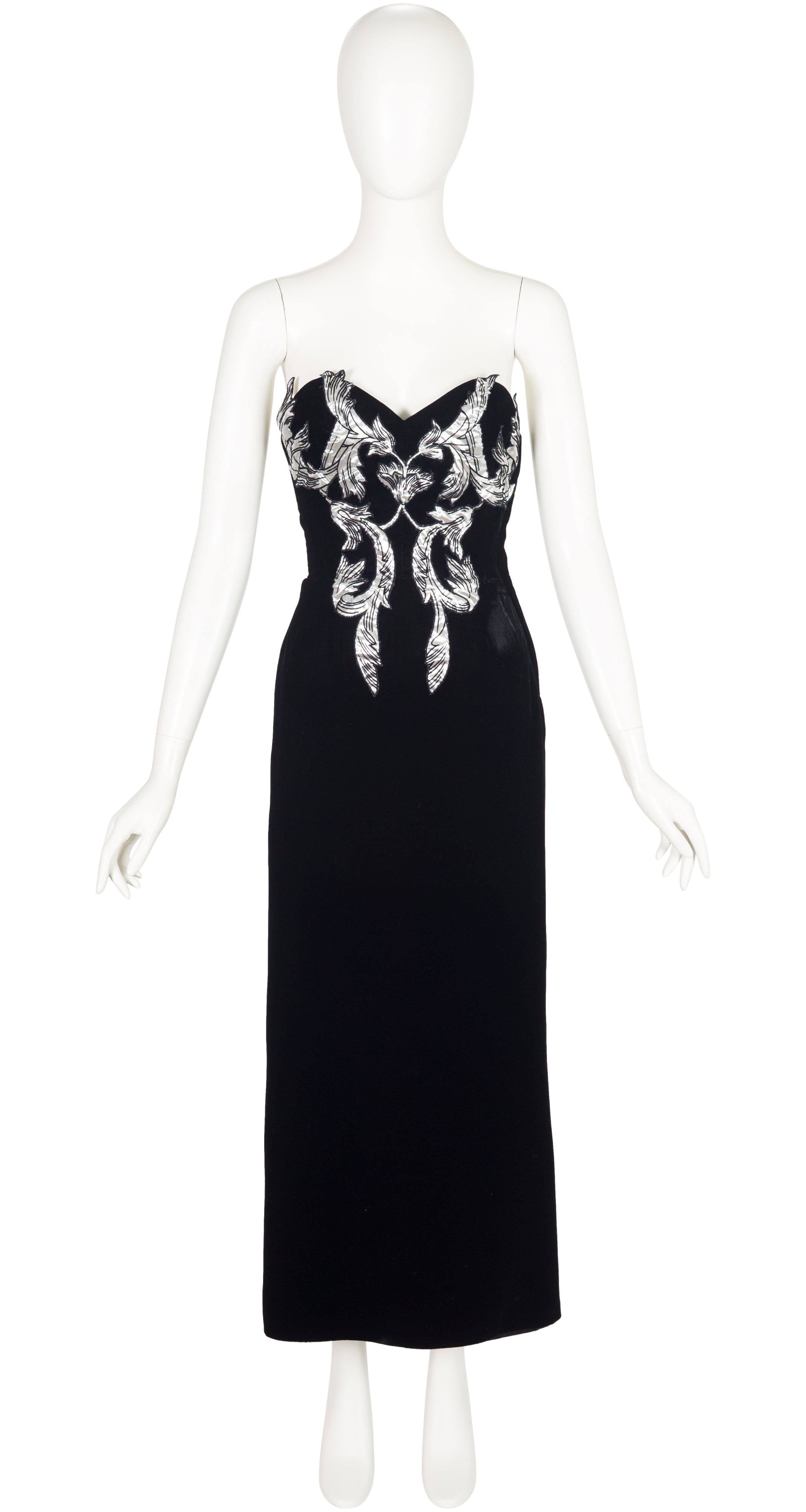 1980s Silver Appliqué Black Velvet Bustier Gown