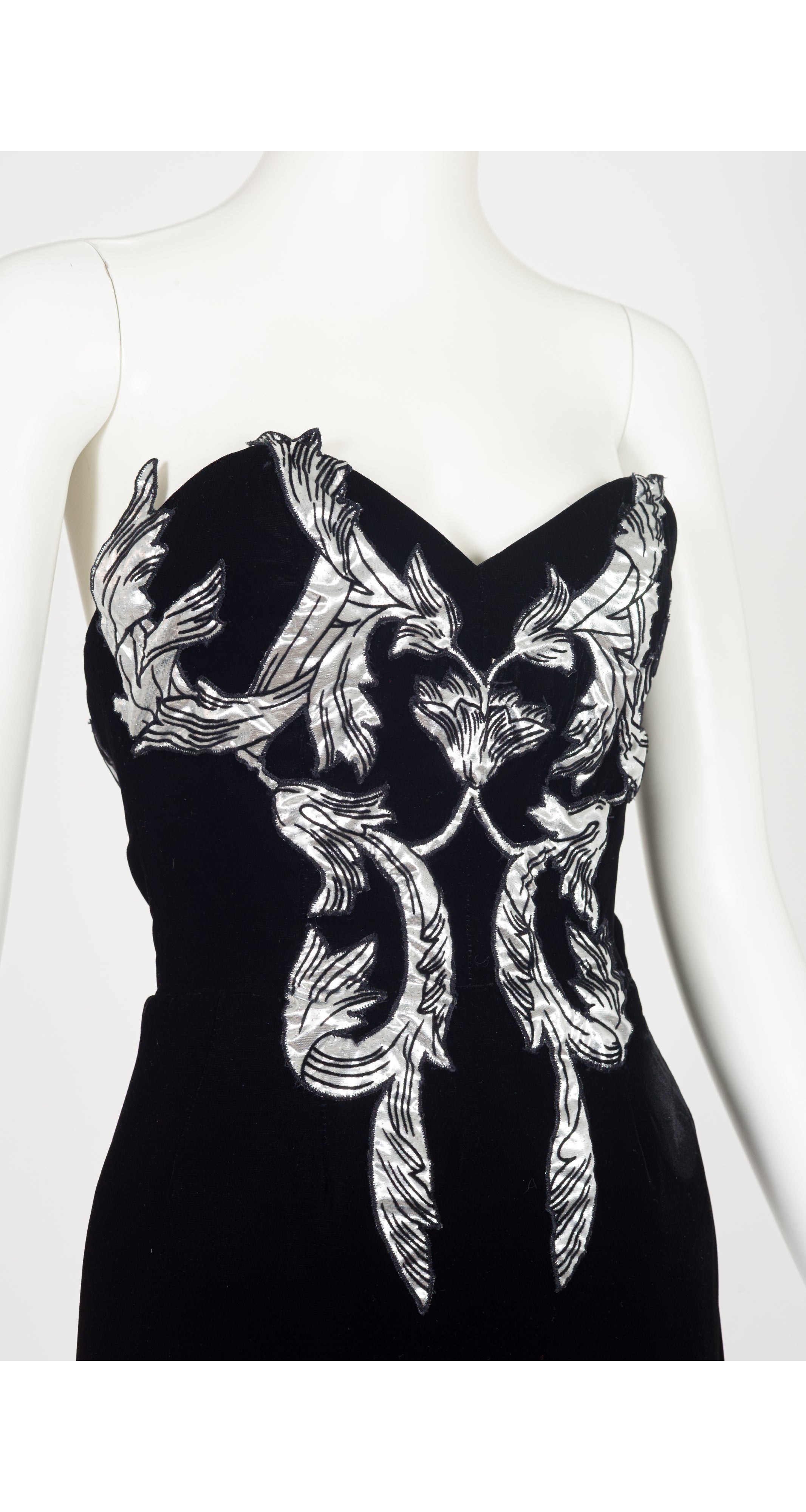 1980s Silver Appliqué Black Velvet Bustier Gown