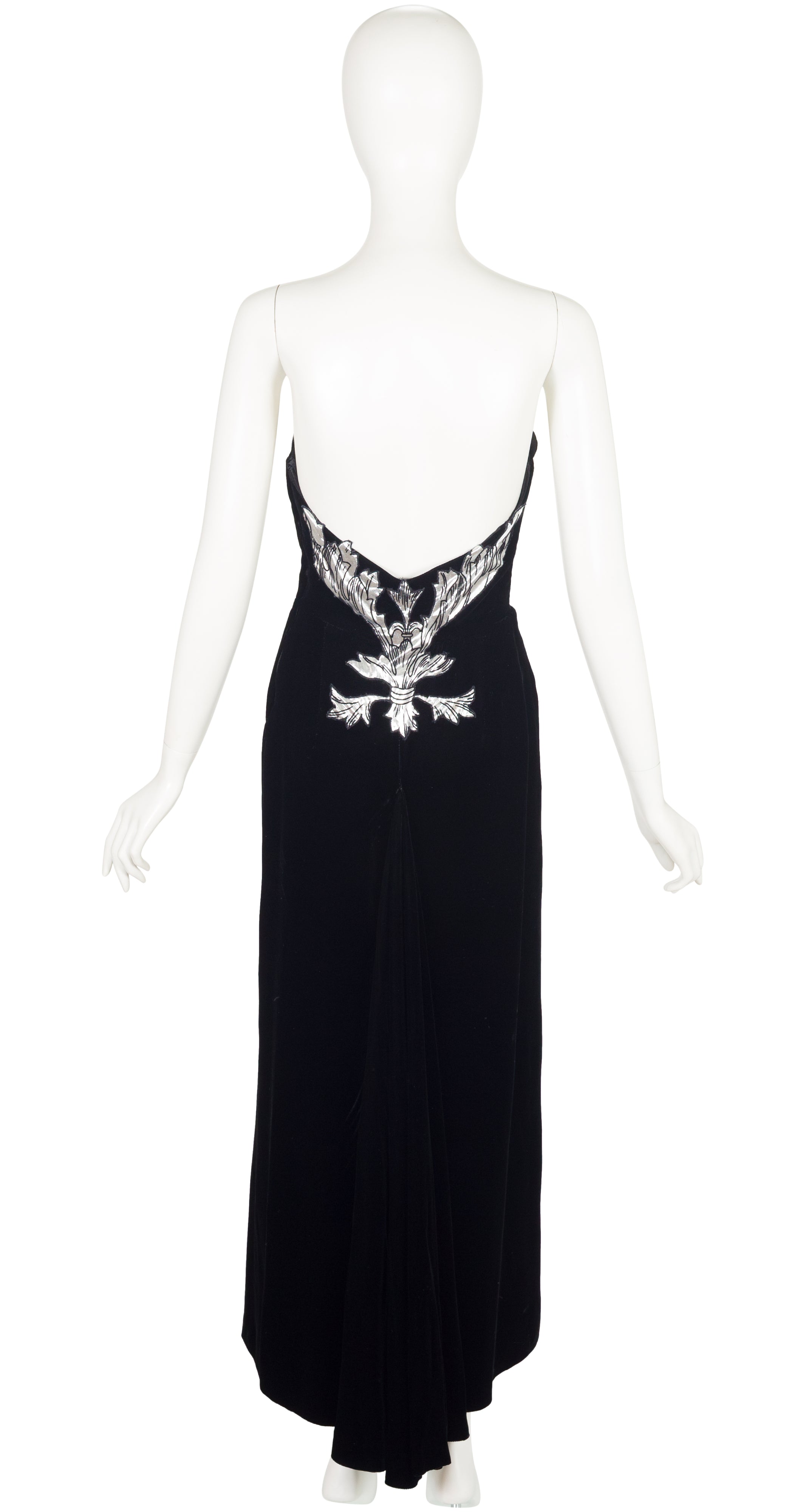 1980s Silver Appliqué Black Velvet Bustier Gown