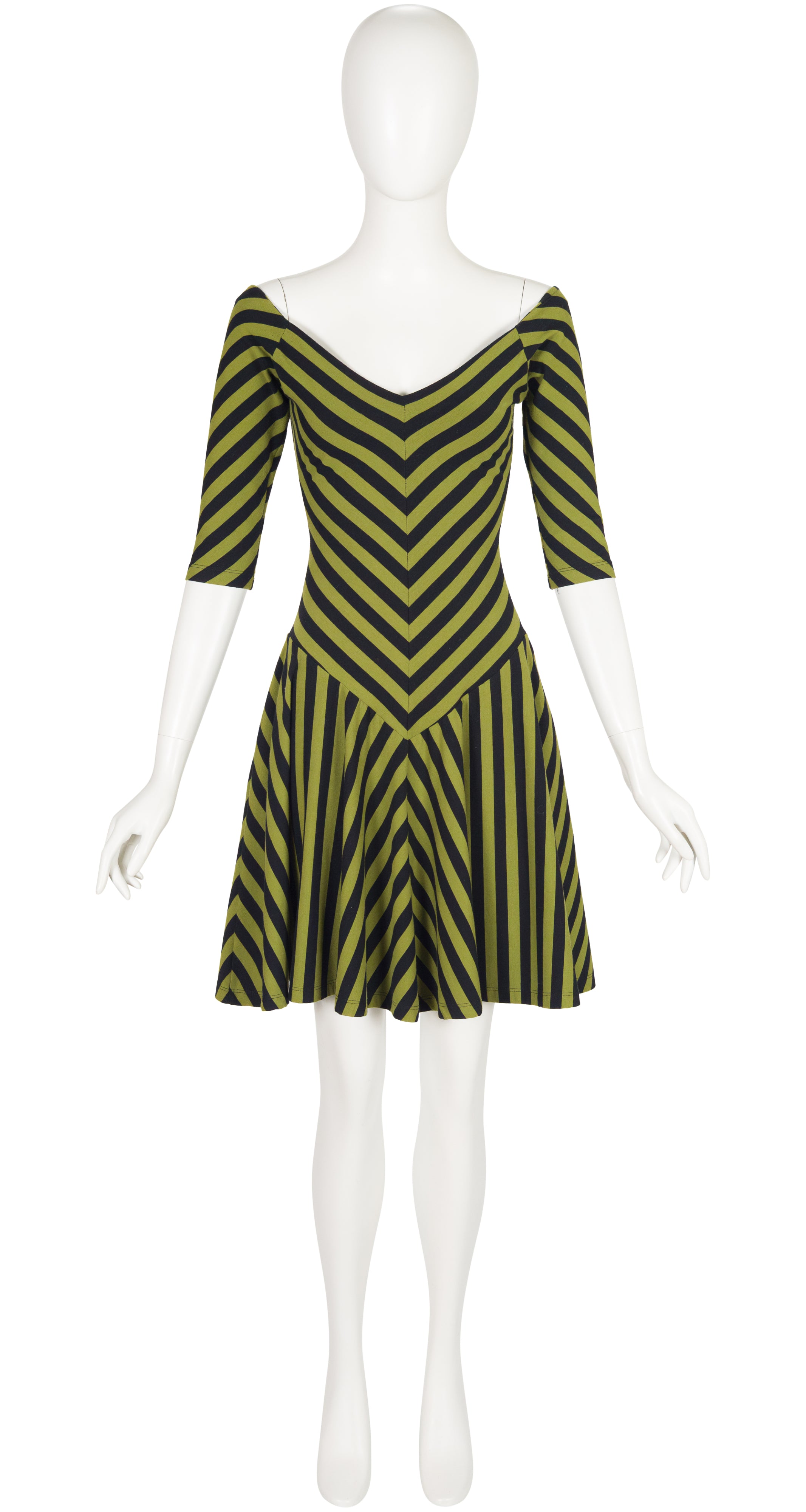 1990s Green & Black Striped Jersey Skater Mini Dress