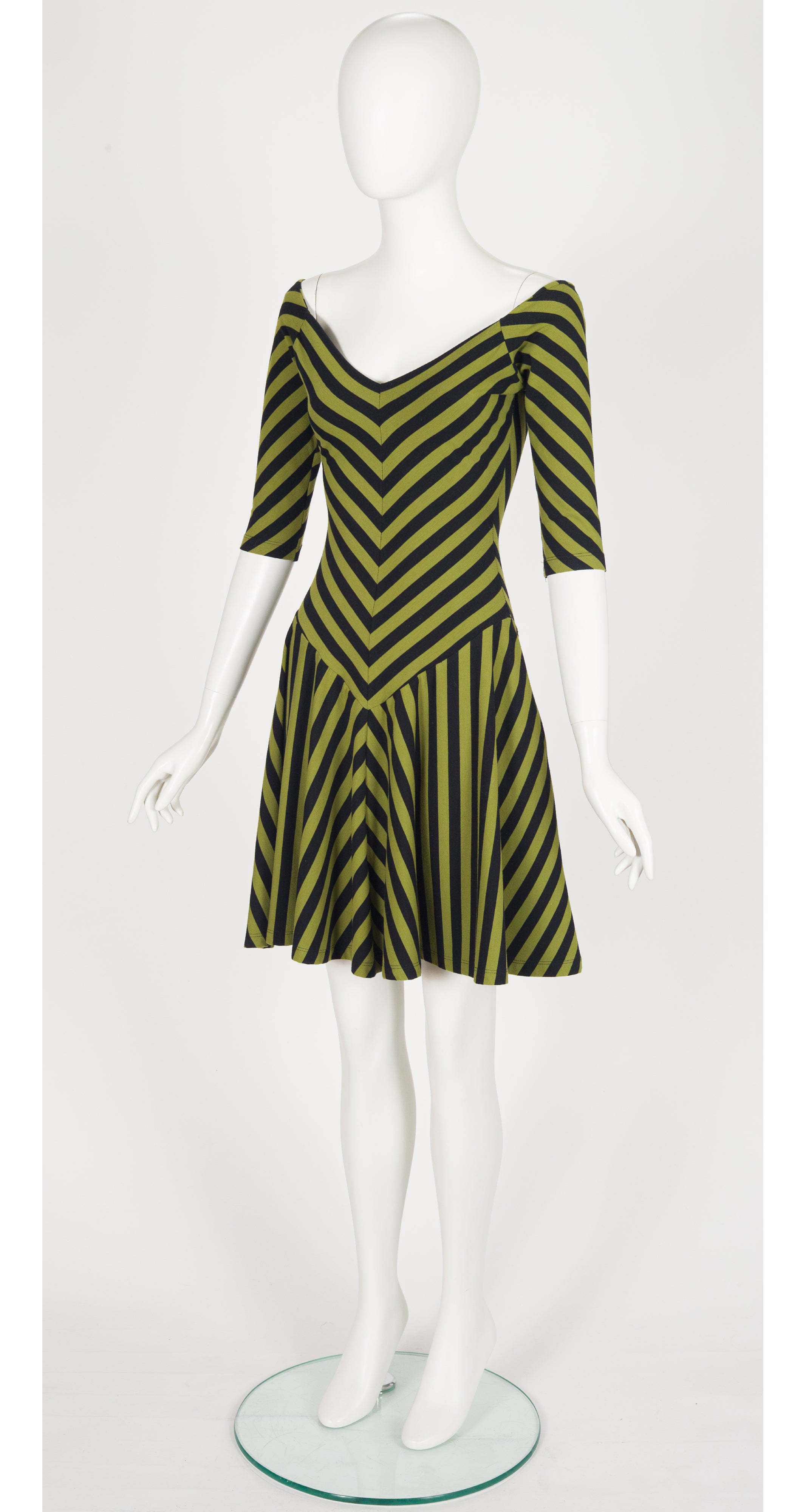 1990s Green & Black Striped Jersey Skater Mini Dress