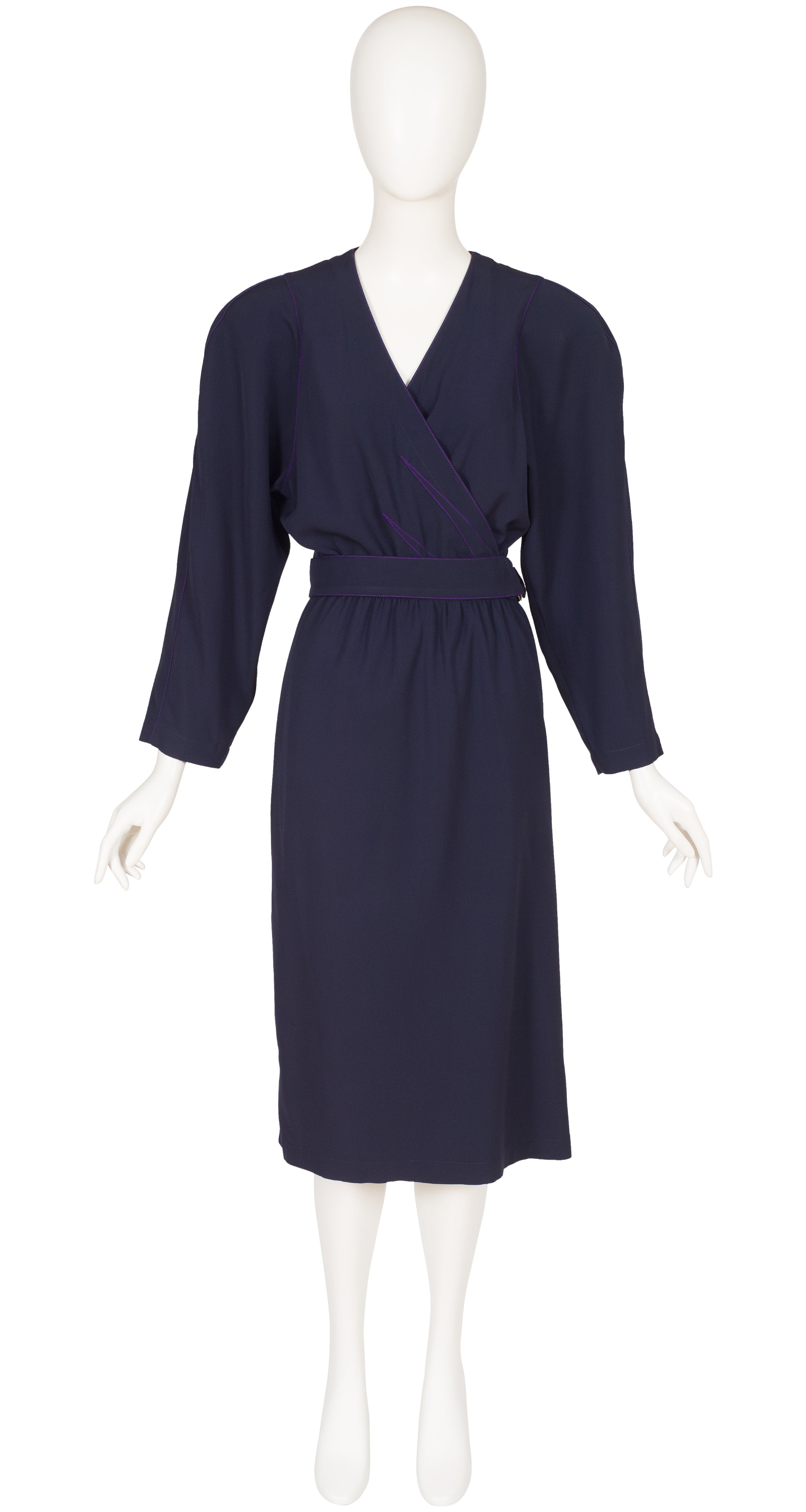 1984-1985 F/W Contrast Stitch Navy Wool Wrap Dress