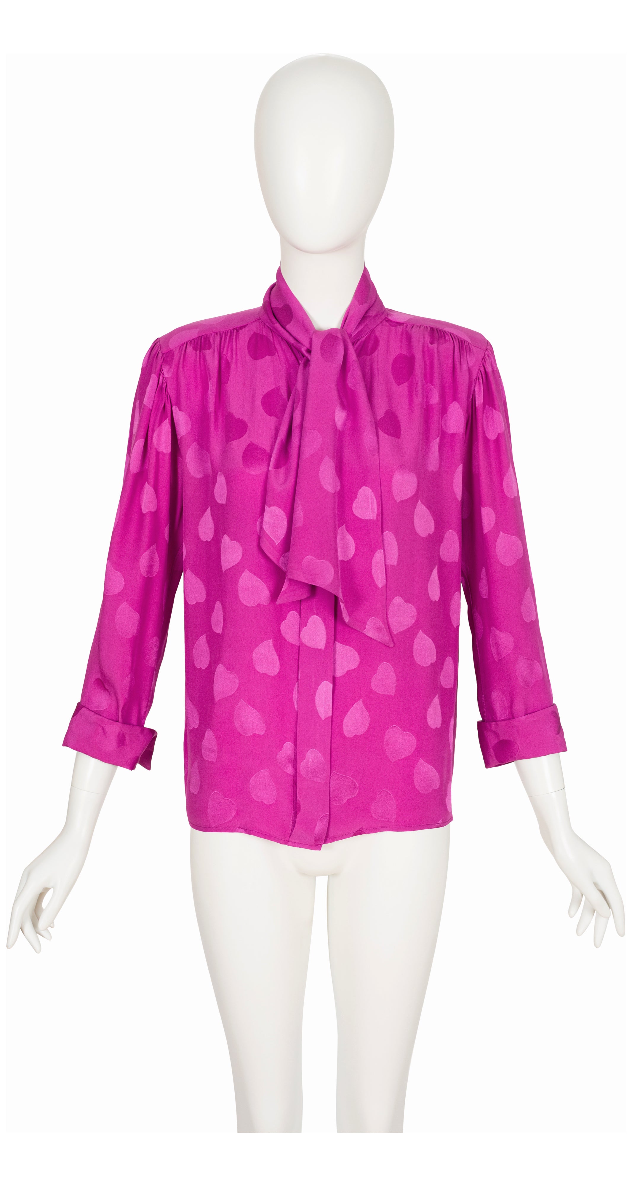 1980s Heart Print Fuchsia Silk Jacquard Tie-Neck Blouse