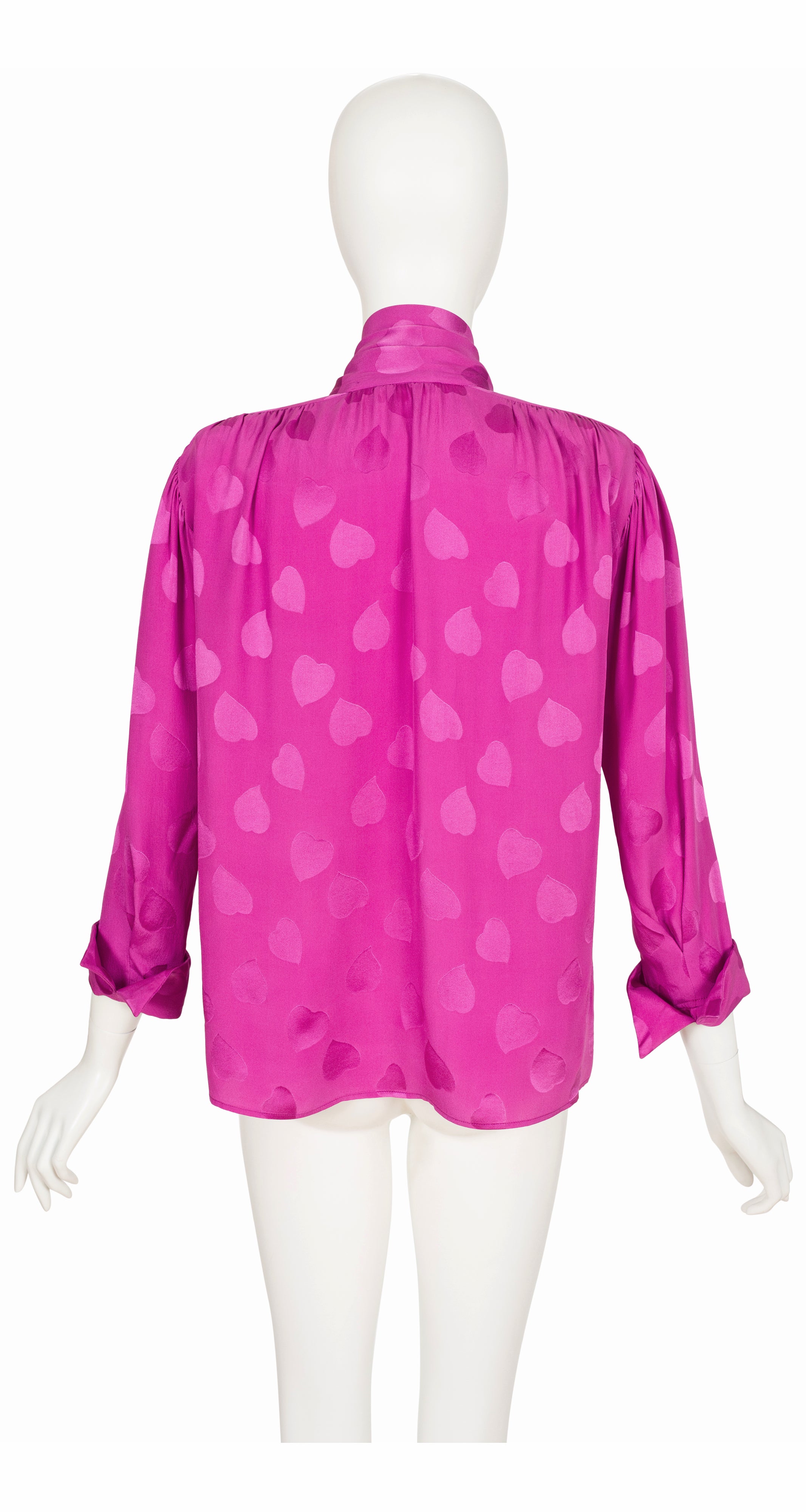 1980s Heart Print Fuchsia Silk Jacquard Tie-Neck Blouse
