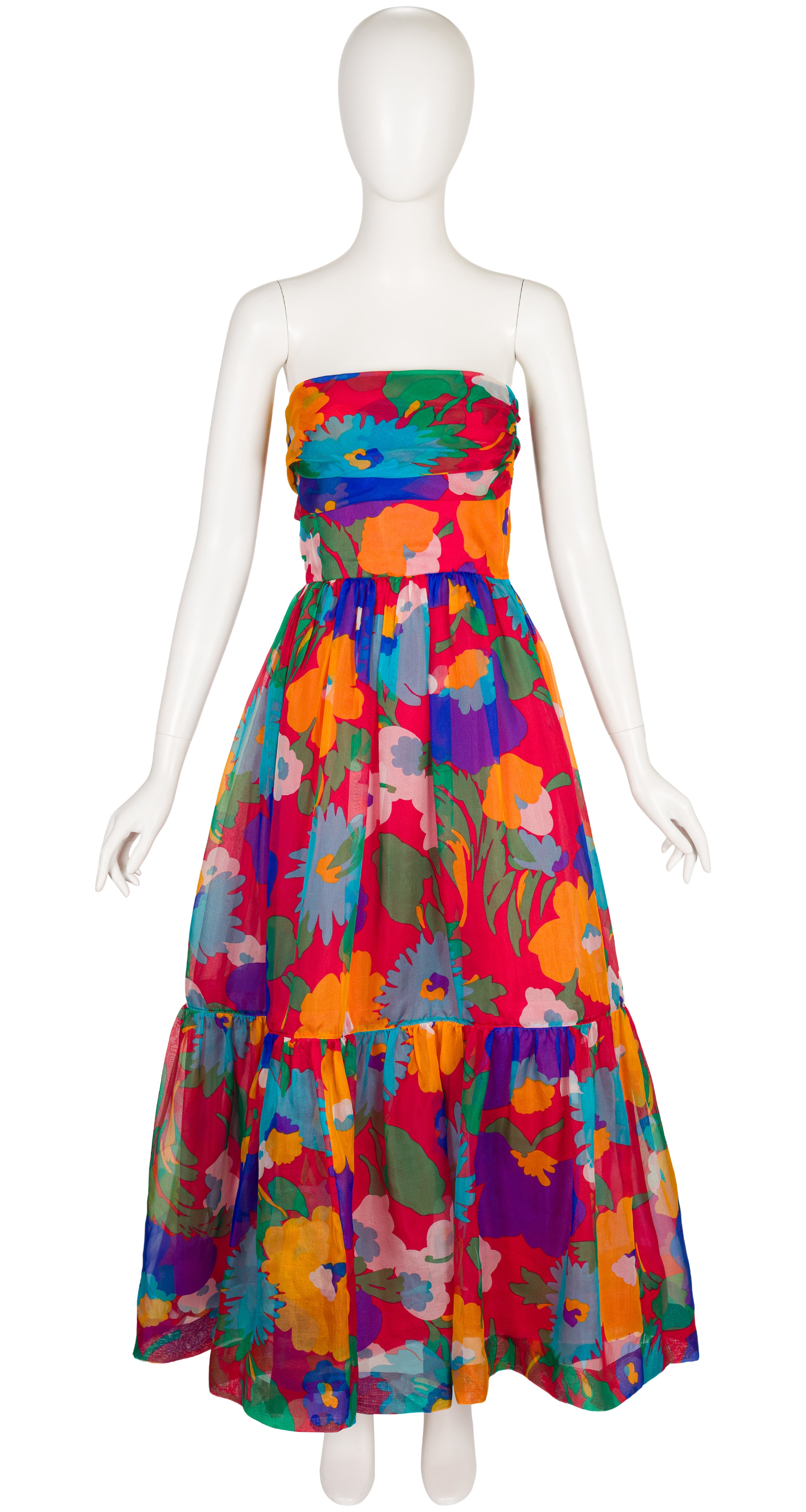1980s Floral Silk Organza Strapless Gown