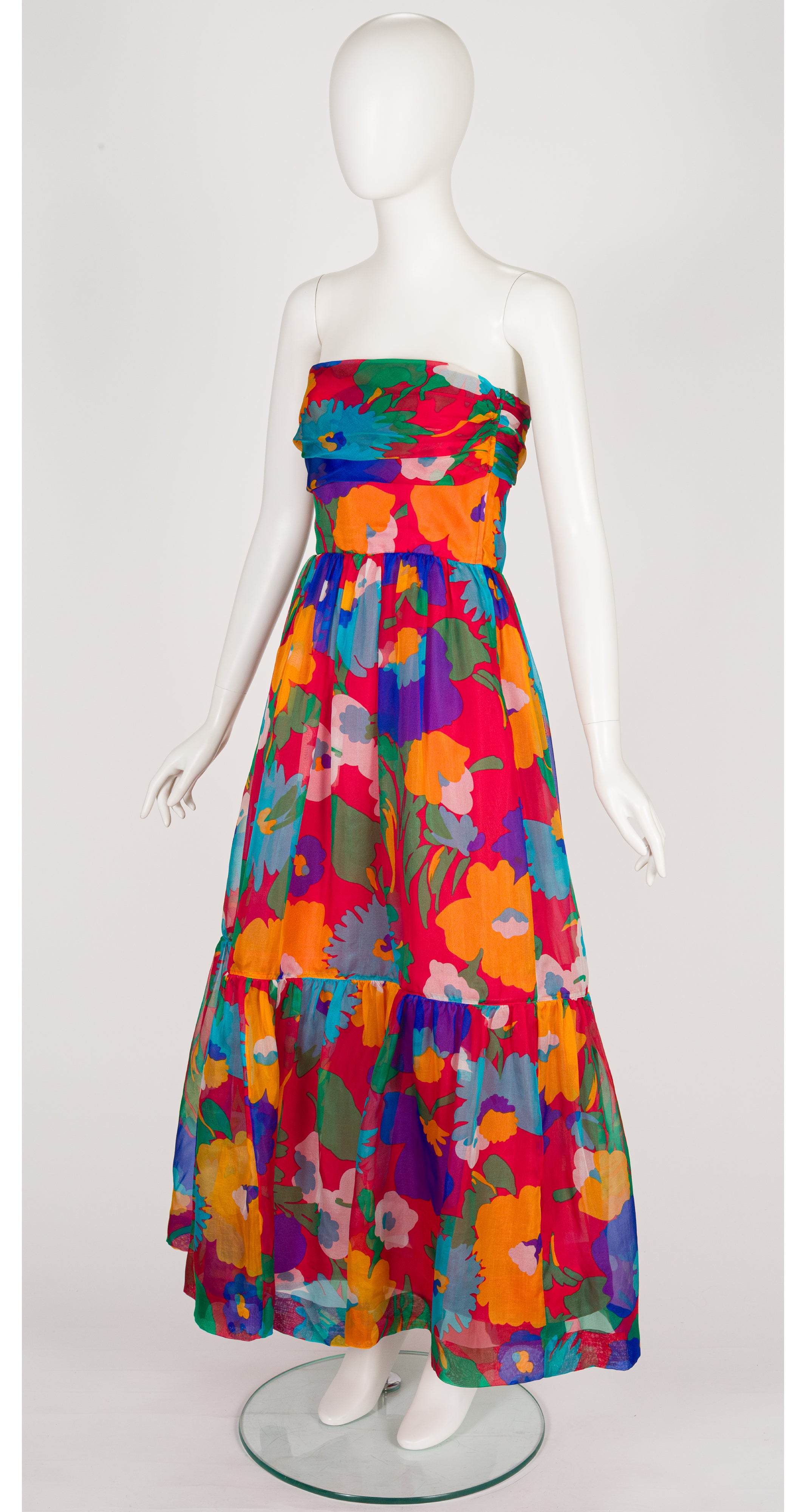 1980s Floral Silk Organza Strapless Gown