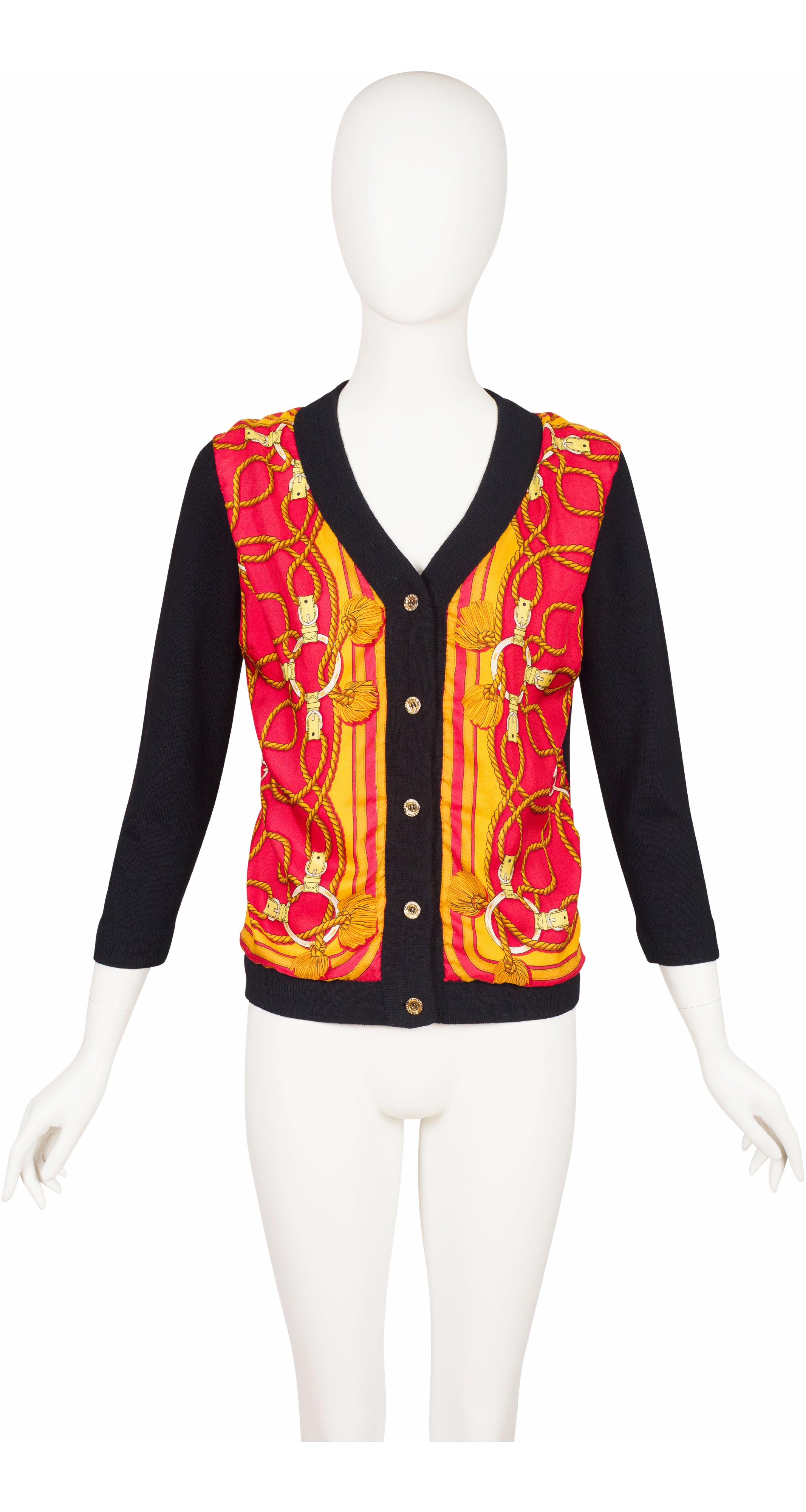 1970s Rope Scarf Print Silk Twill Black Wool Cardigan