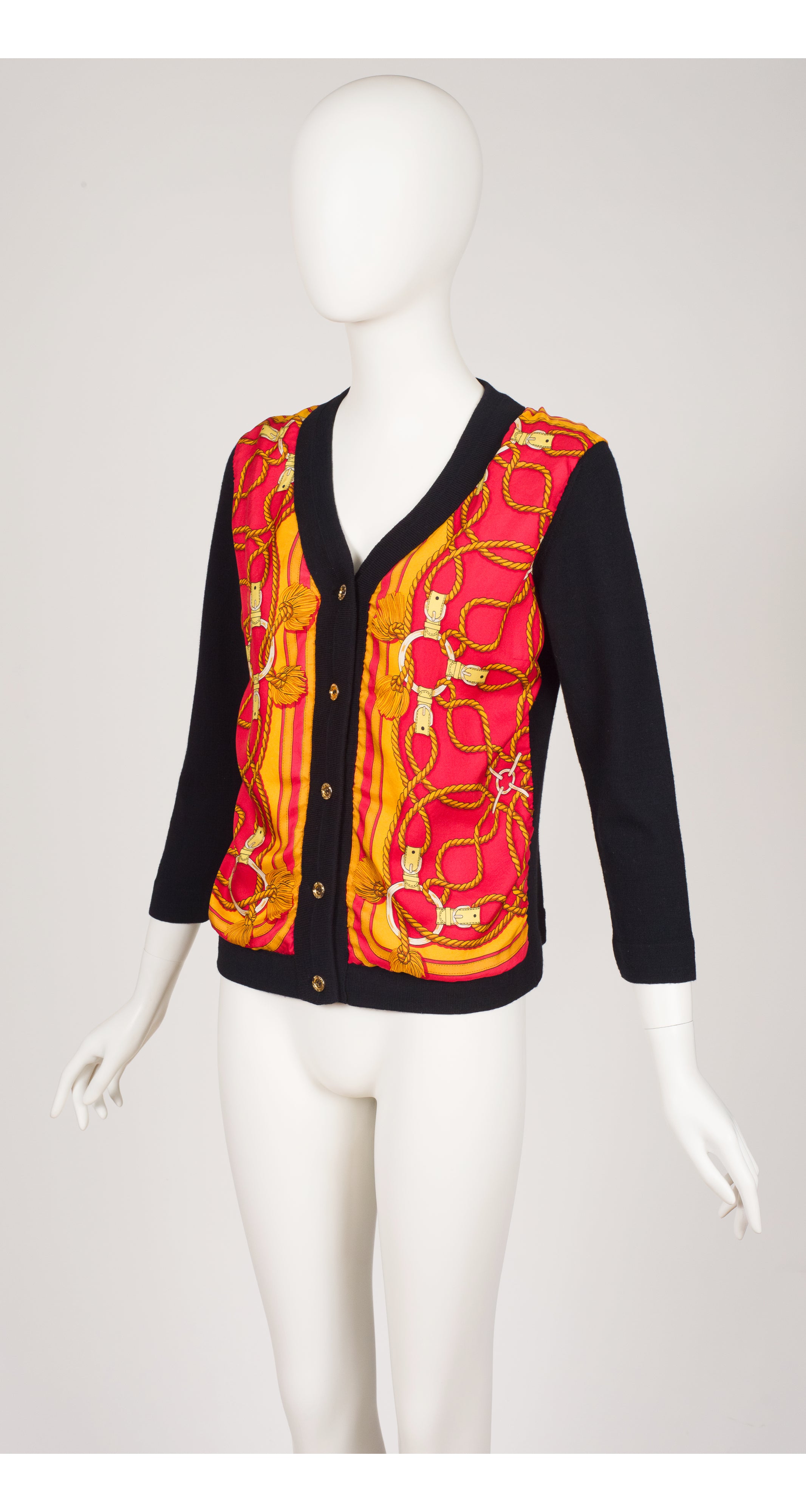 1970s Rope Scarf Print Silk Twill Black Wool Cardigan